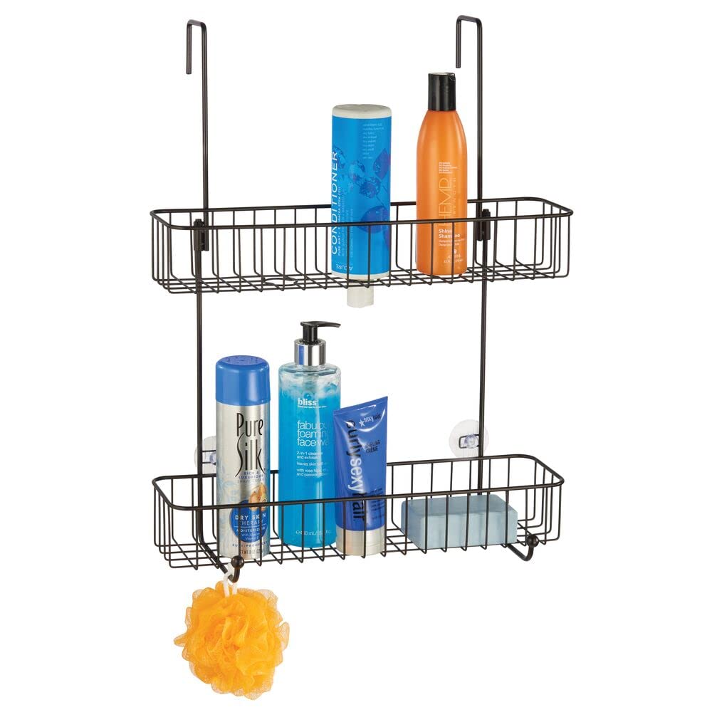 mDesign Extra Wide Metal Wire Over The Shower Door Caddy - 2-Tier Hanging Bathroom Storage Organizer with Built-in Hooks & Baskets for Shampoo, Body Wash, Loofahs - Bronze Finish | Perfect for Small Bathrooms & Space-Saving Shower Organization