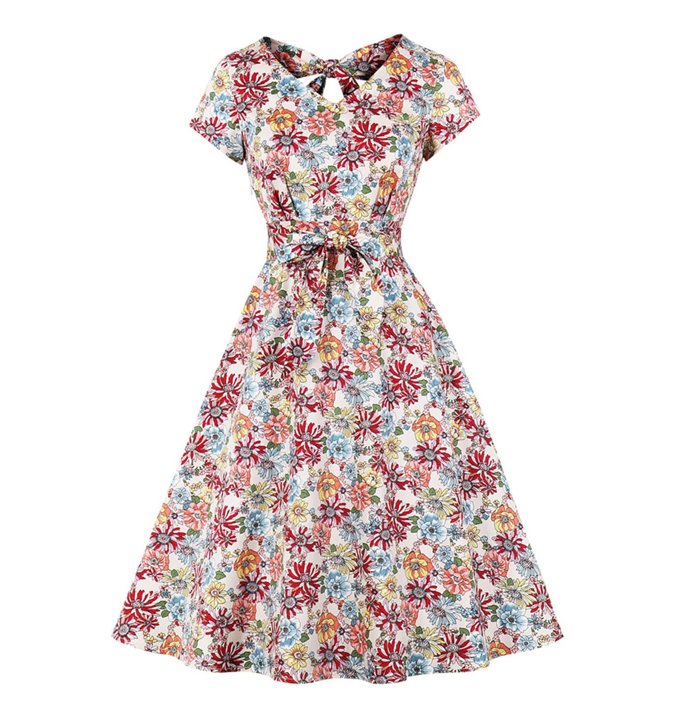 Vintage Floral Short Sleeve Women's Dress - Elegant Tie Back, Backless & Belted Party Dress for Women | Perfect for Cocktail Parties, Date Nights & Summer Events