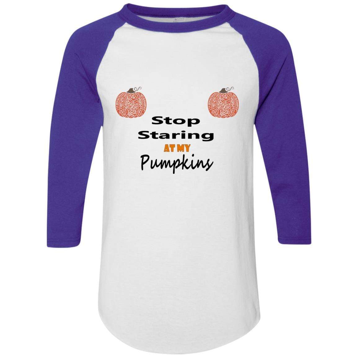 WineyBitches.Co Stop Staring At My Pumpkins Colorblock Raglan Jersey - Trendy Women's Fall Sweatshirt for Halloween, Thanksgiving & Cozy Seasonal Outfits