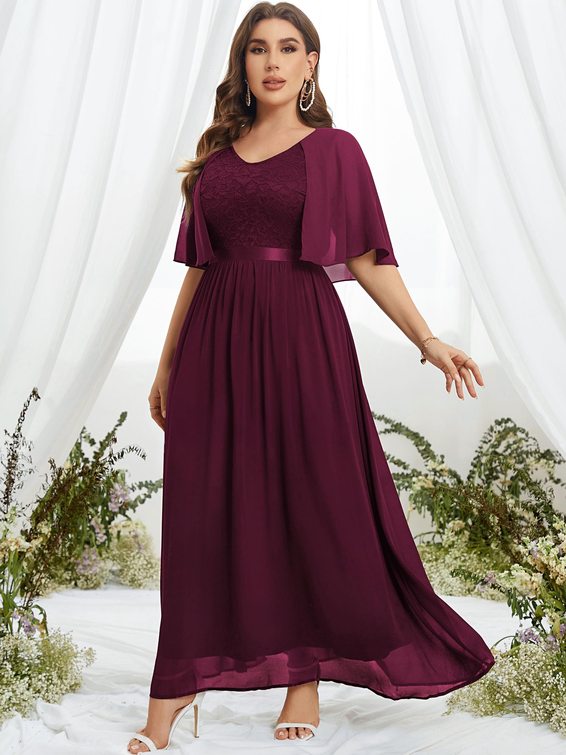 Knitee Women's Plus Size Half Sleeve Cape Dress - Lace Chiffon V-Neck Evening Gown for Parties, Weddings & Special Occasions | Elegant Maxi Dress for Formal Events & Night Out