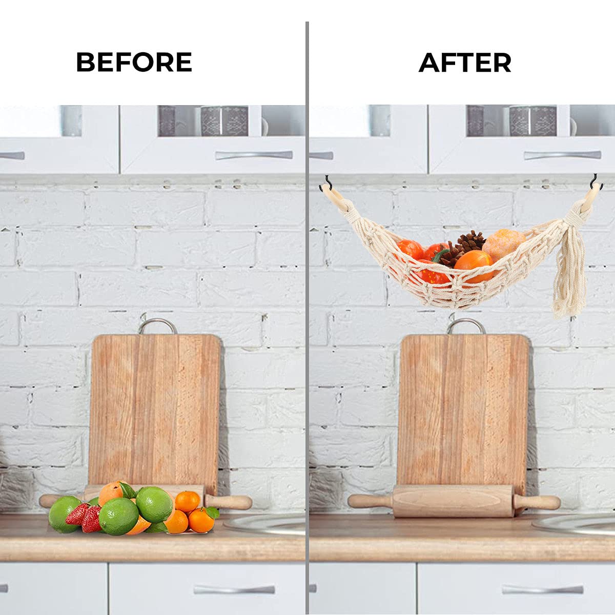 2 Pack Macrame Bohemian Hanging Fruit Basket - Under Cabinet Space Saving Storage for Bananas, Vegetables & Kitchen Essentials - Perfect for Home, RV, Boat & Small Space Organization (Style A)