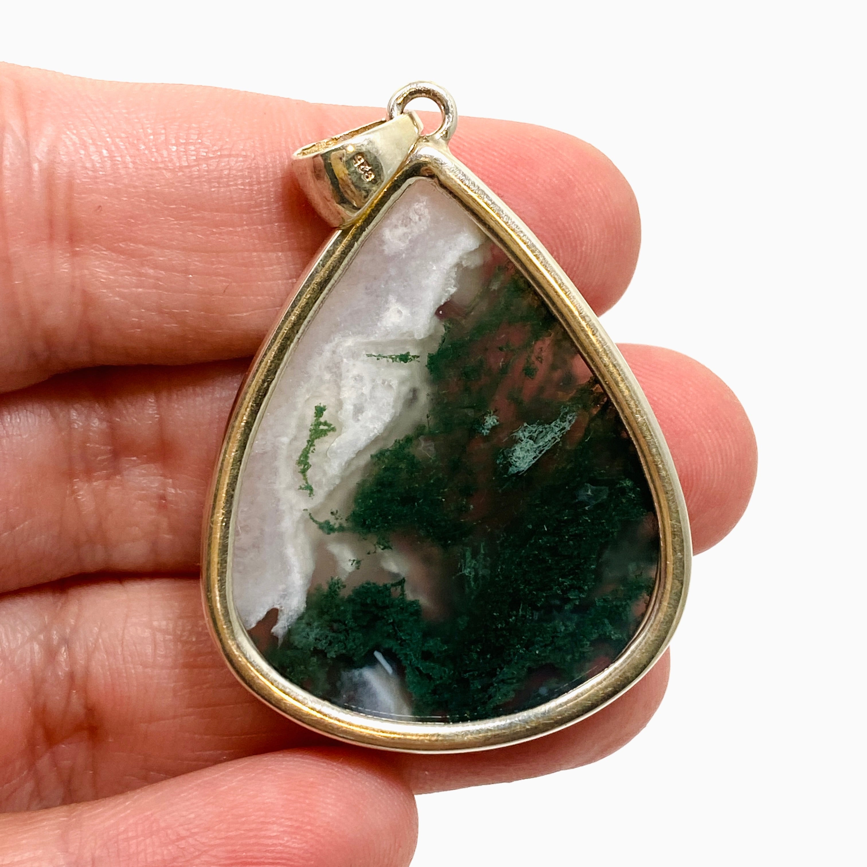 Natural Moss Agate Teardrop Cabochon Pendant in Handcrafted Hammered Sterling Silver Setting KPGJ4709 - Perfect for Boho Jewelry, Healing Crystal Necklaces & Spiritual Gifts