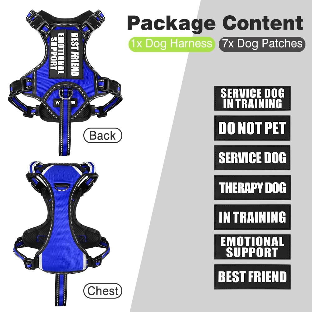 WINSEE No Pull Service Dog Vest with 7 Patches - Reflective Adjustable Dog Harness with Soft Padded Handle for Small Medium Large XL Dogs - Training Walking Outdoor Use (Medium, Dark Blue)