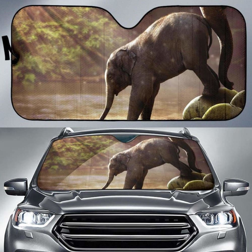 4K & 8K Baby Elephant Car Sun Shade - Cute Mammal Design with Sunlight River Forest Scene | Perfect for SUV, Truck & Vehicle Window Protection