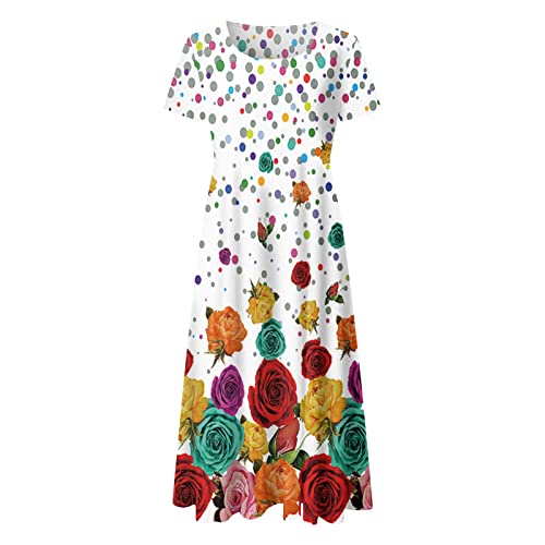 Women's White Floral Printed Boho Beach Sundress - Casual Short Sleeve Crew Neck Loose Summer Dress for Beach Vacations, Outdoor Parties & Date Nights (White, Size L)