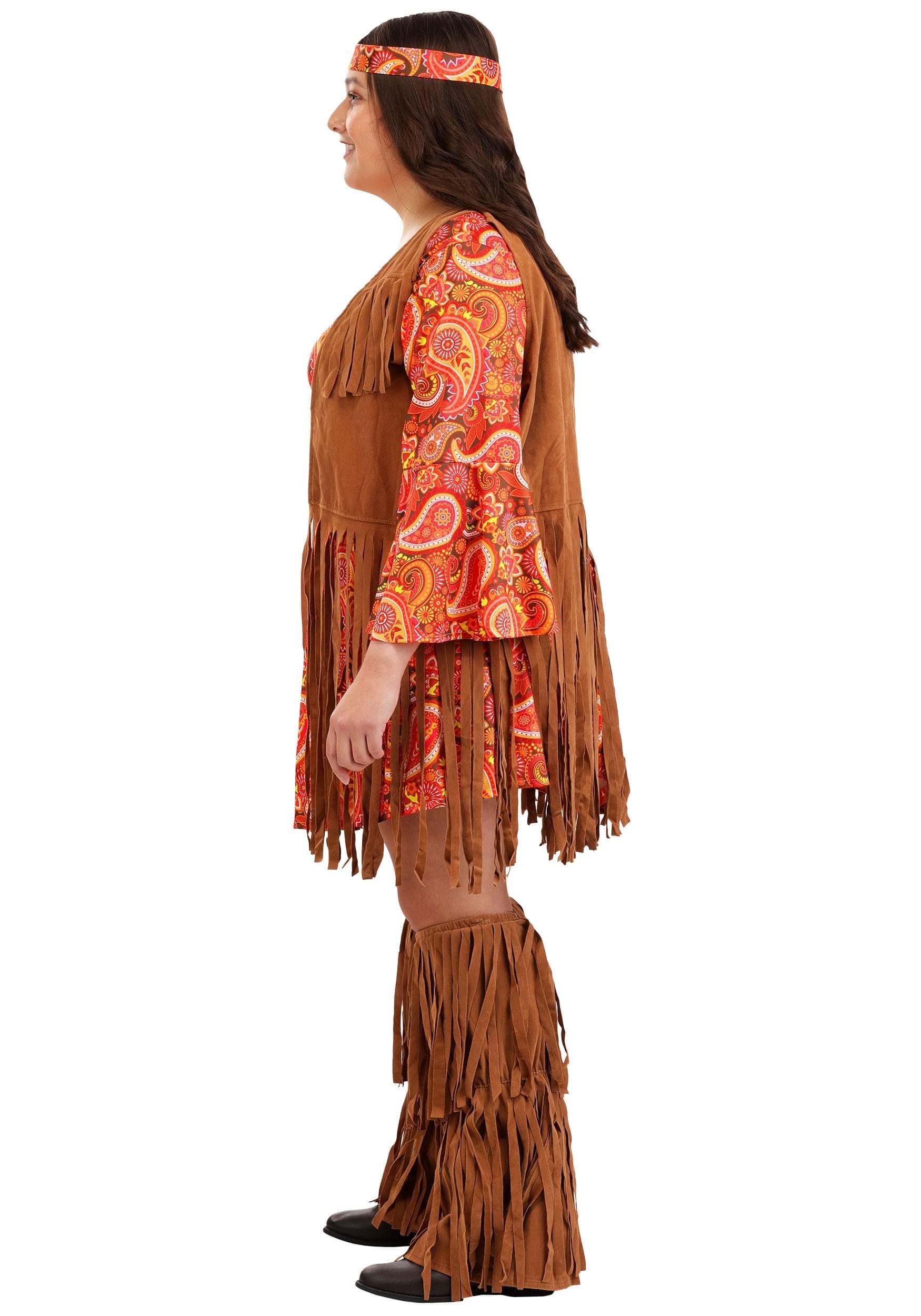 Plus Size Women's 70s Hippie Costume Set - Retro Disco Dress with Fringe Vest, Boot Covers & Headband for Halloween, Theme Parties & Cosplay
