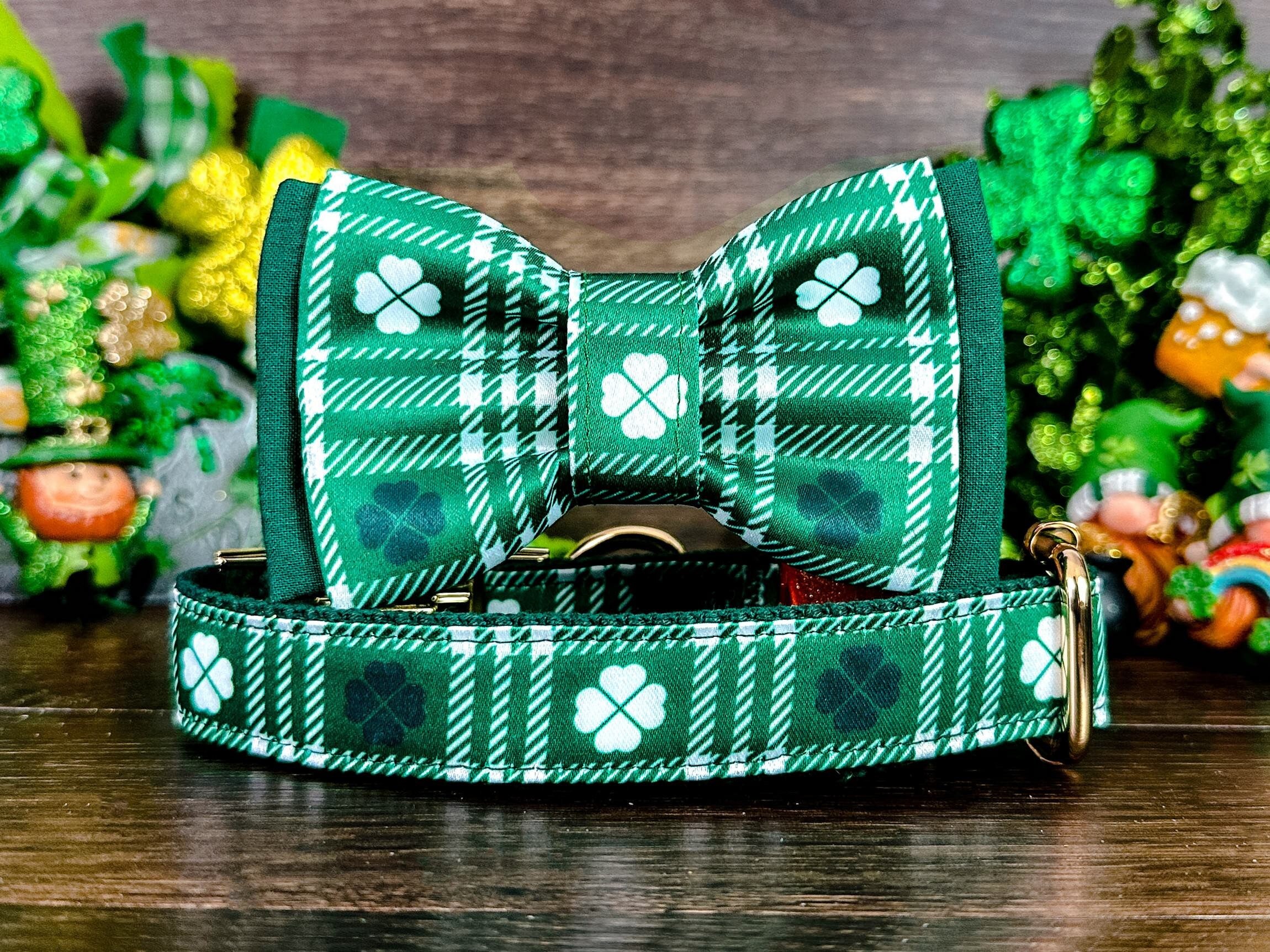 St. Patrick's Day Dog Collar with Bow Tie - Plaid & Clover Pattern - Adjustable Pet Accessory for Small & Medium Dogs - Perfect for St. Patrick's Day Parties & Festive Events