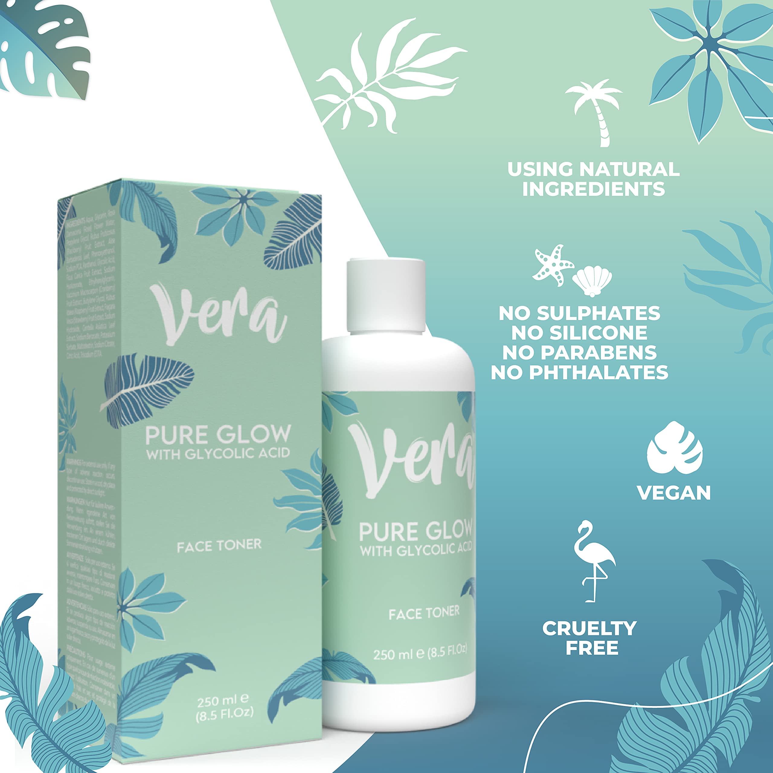 Vera AHA Glycolic Acid Toner with Hyaluronic Acid & Aloe Vera - Exfoliating Facial Toner, Cleanser & Spot Treatment - 250ml for Glowing Skin - Perfect for Daily Skincare Routine & Pre-Moisturizer Prep
