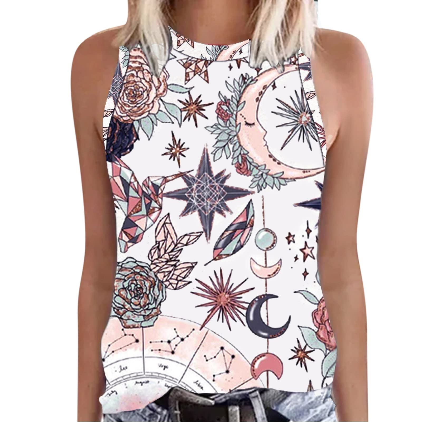 FUAIOKT Women's Floral Printed Tank Top - Summer Sleeveless Racerback Tunic Blouse, Loose Flowy Casual Shirt for Beach, Vacation & Everyday Wear