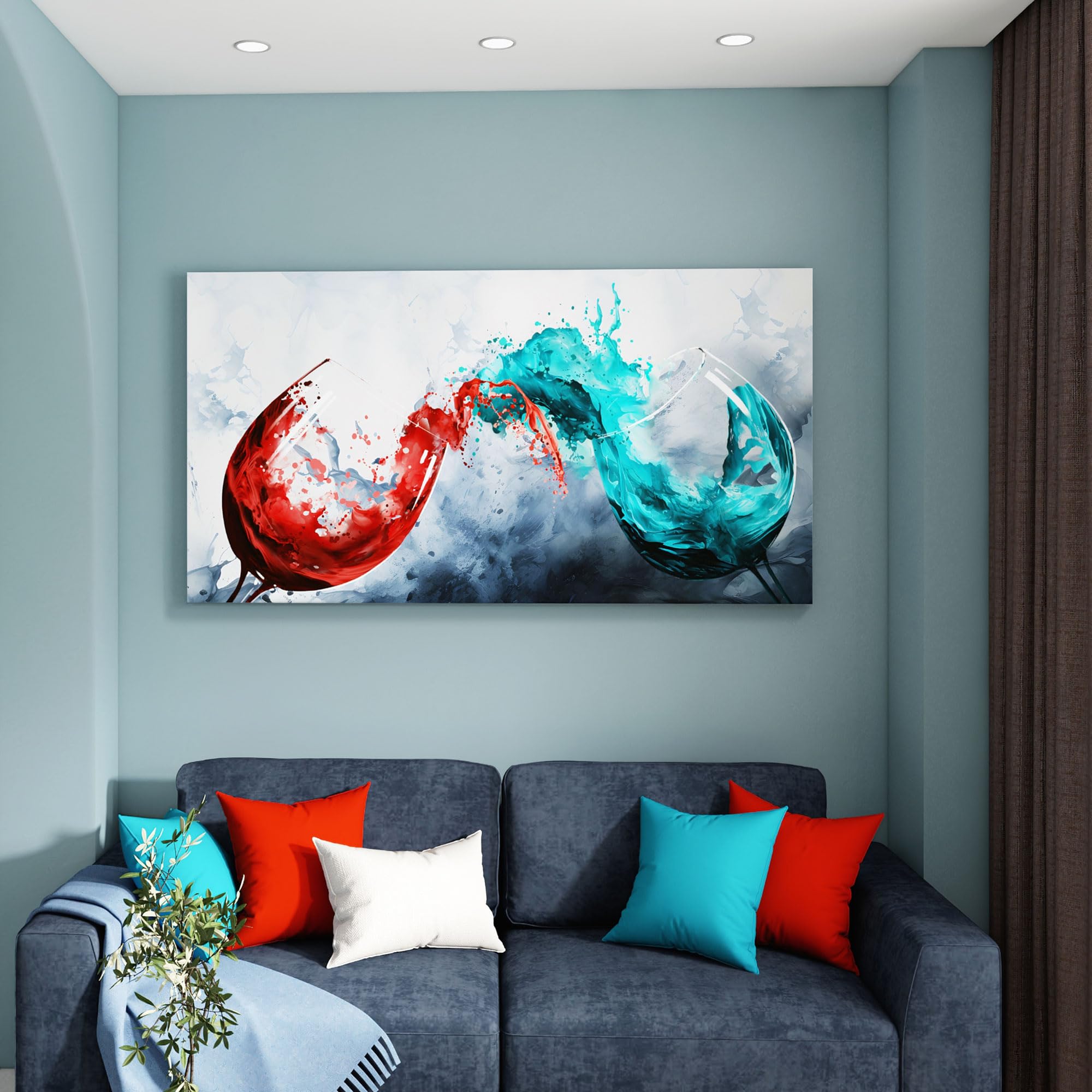 Modern Wine Glass Canvas Wall Art - Blue & Red Wine Cups Painting for Dining Room, Kitchen, Living Room & Office Decor - 29x58 Inch Large Wall Art - Perfect for Home, Restaurant & Bar Decor