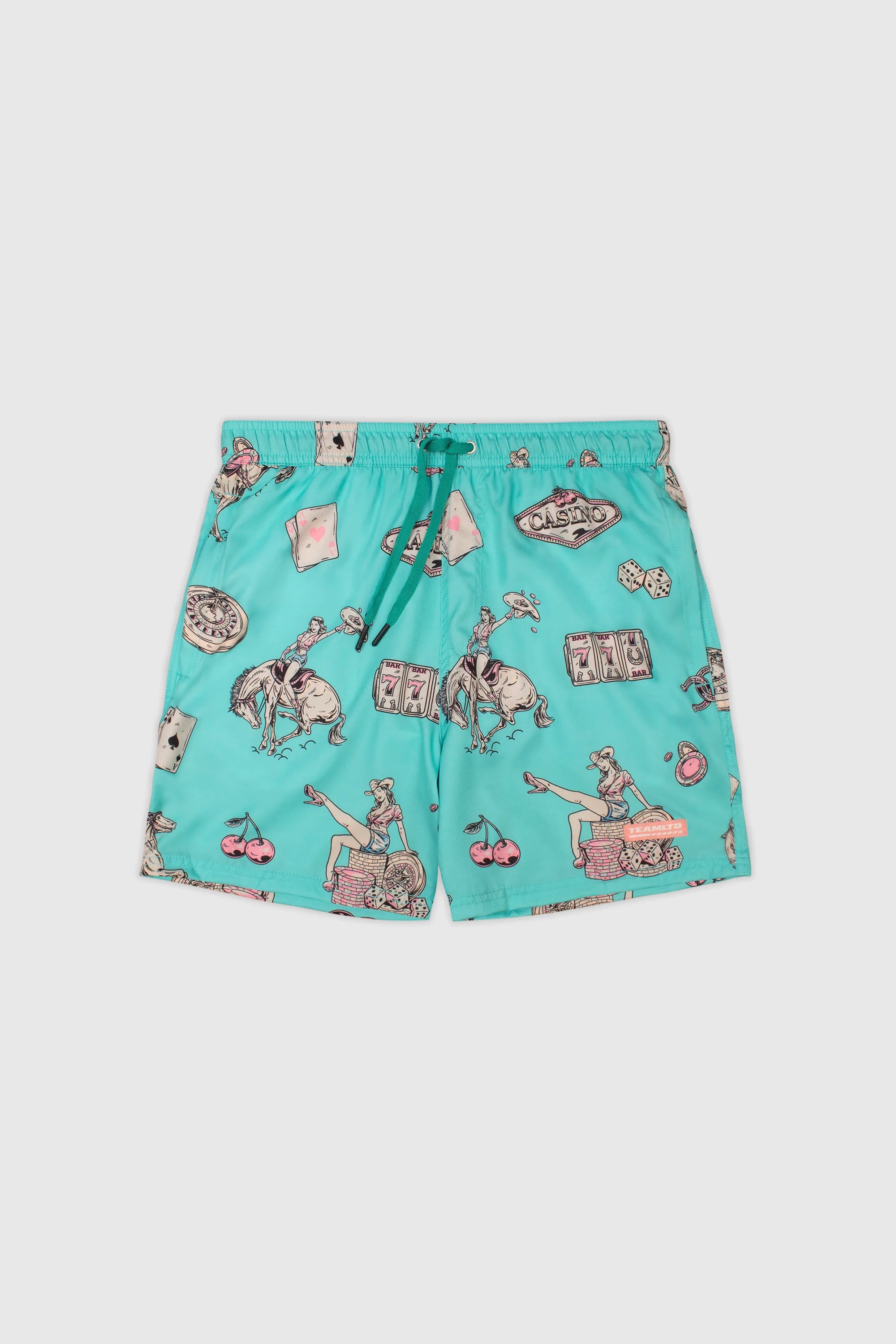 Men's Teal Swim Shorts with Cowboy Casino Print - Quick Dry, Comfortable Beach & Pool Swimwear for Summer Vacations