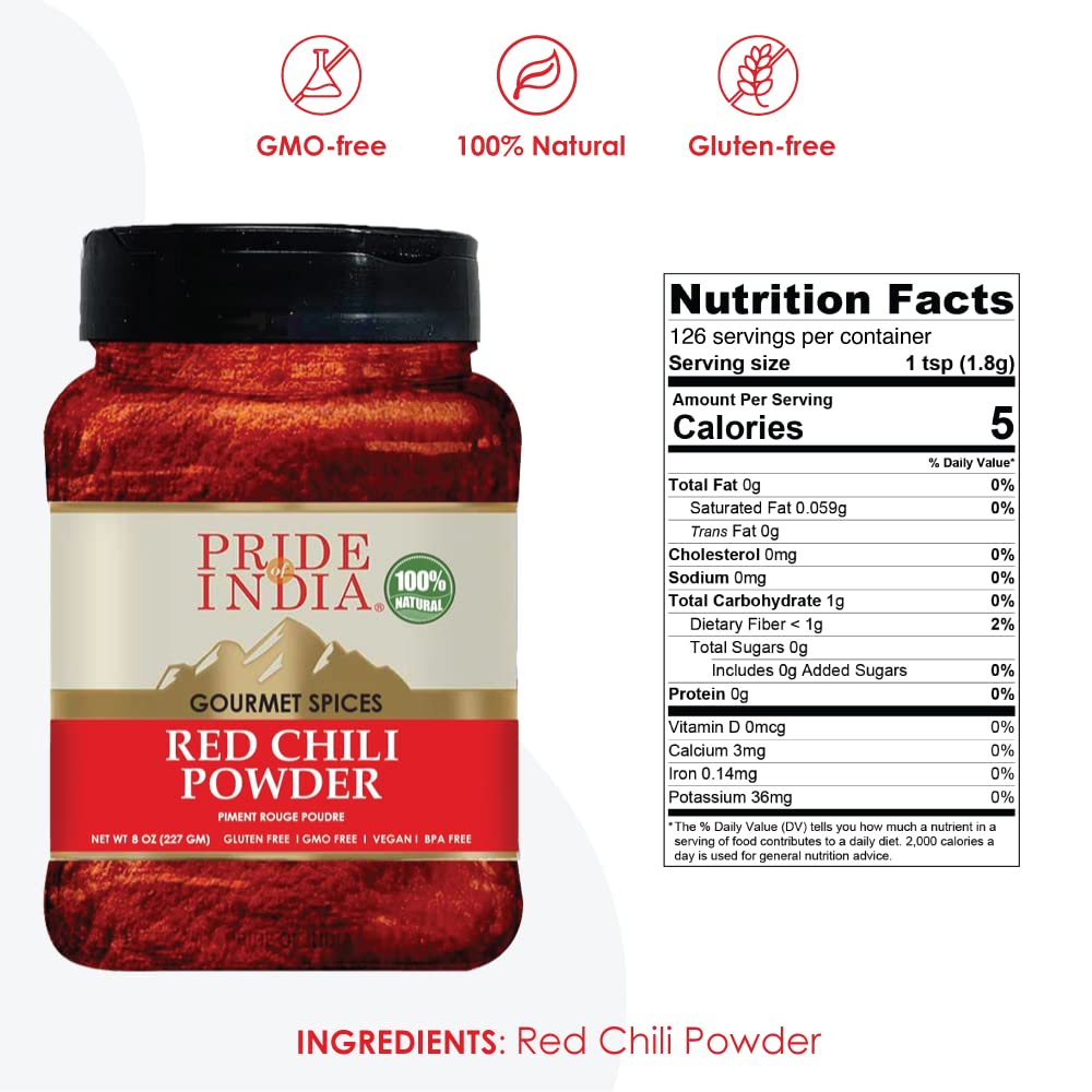 Premium Red Chili Powder by Pride of India – Authentic Indian Spice for Gourmet Cooking – Non-GMO, Gluten-Free – 8oz Jar with Dual Sifter – Perfect for Curries, Tacos, BBQ & Spicy Dishes