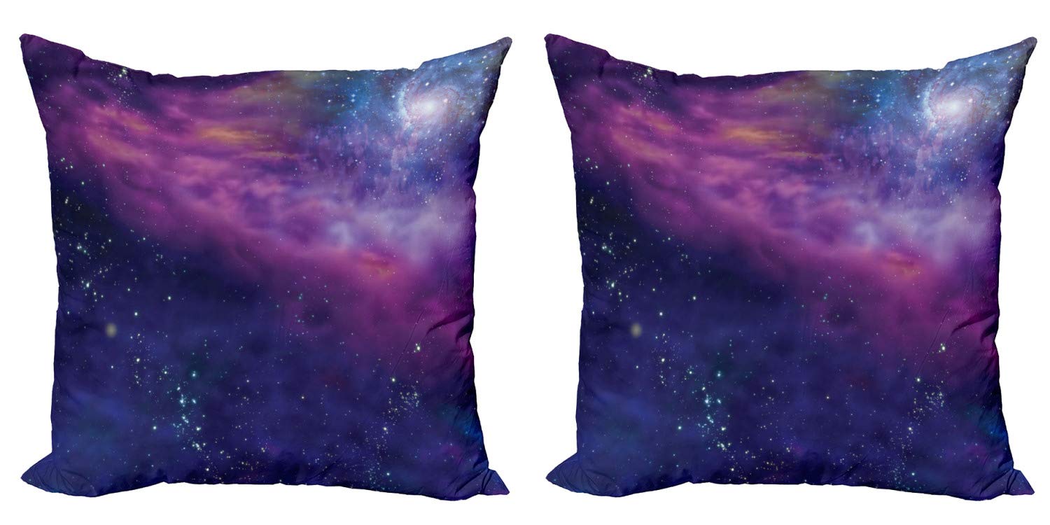Ambesonne Outer Space Decorative Throw Pillow Covers, Pack of 2 - Milky Way & Star Cluster Design with Solar Elements, 18 Inch Square Cushion Covers for Sofa, Bed & Living Room - Purple & Blue Galaxy Theme | Perfect for Home Decor, Space-Themed Rooms & Astronomy Lovers