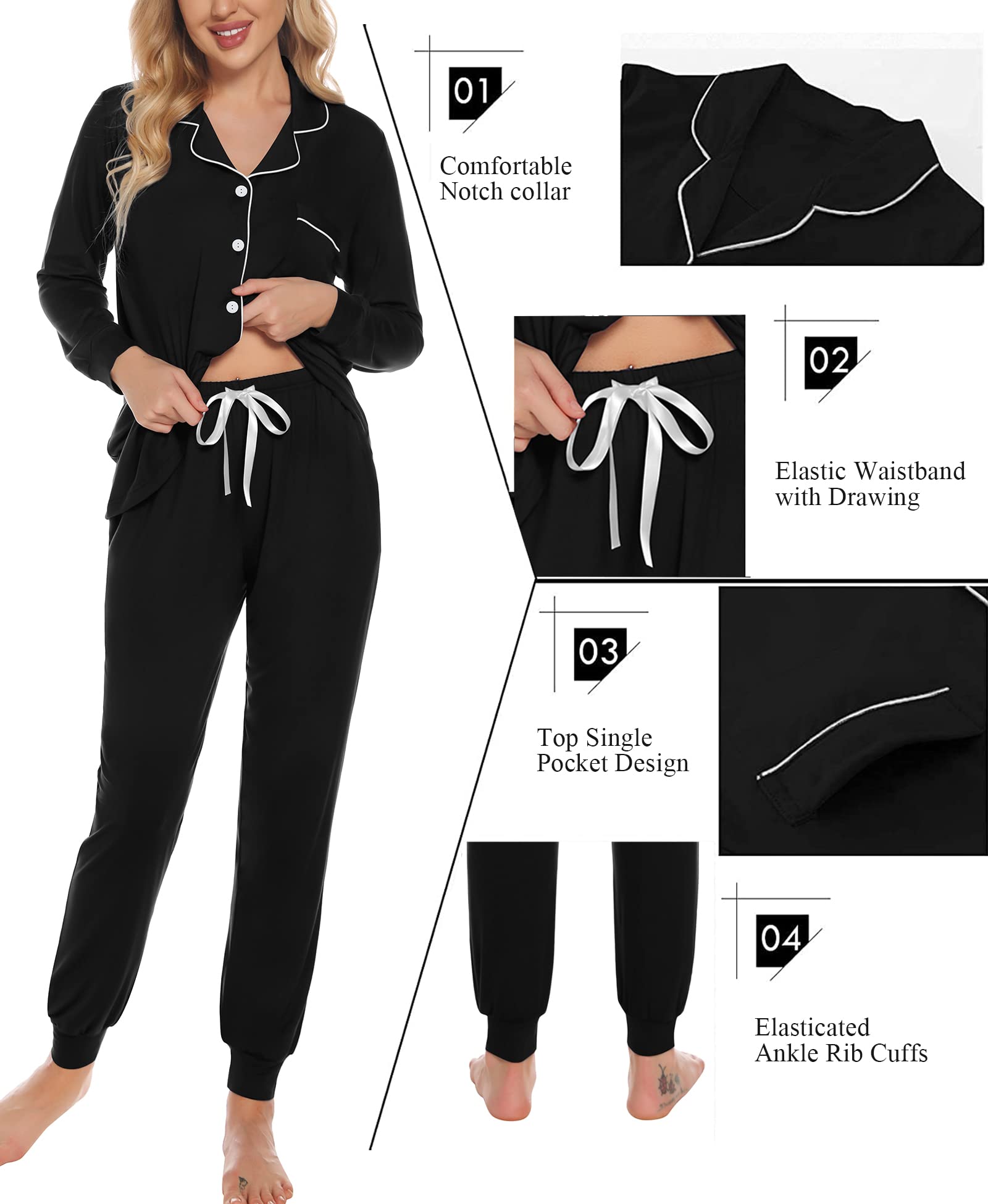 SWOMOG Women's Long Sleeve Pajama Set - Soft Button Down Sleepwear with Pockets, Comfy Joggers & Lounge Pants for Nighttime Relaxation, Cozy Home Wear & Gift Giving