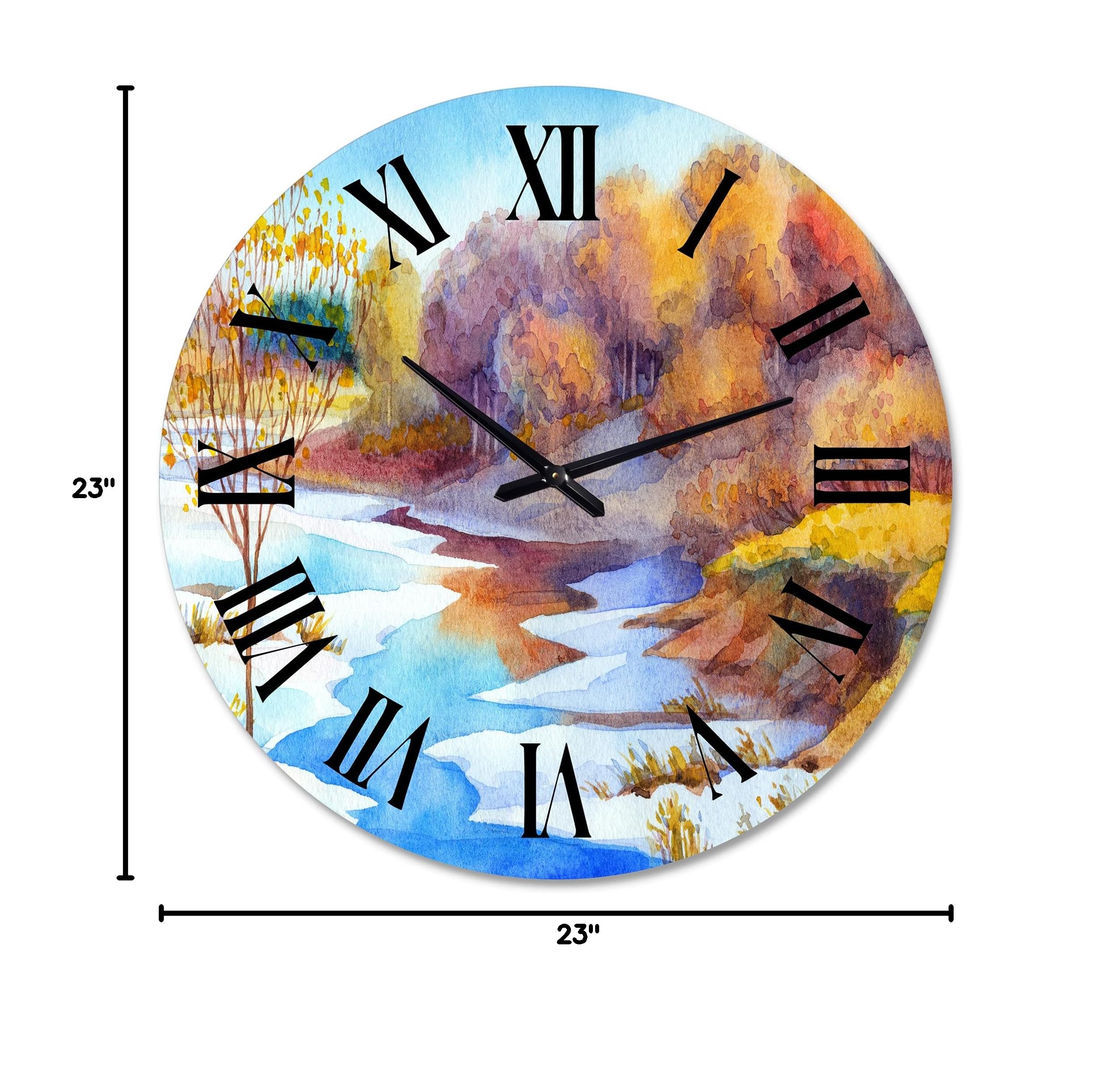 DesignQ Lake House Wall Clock 'Stream in Winter Forest Valley' - Large Landscape & Nature Wall Clock for Living Room, Bedroom, Office Decor - Perfect for Rustic, Farmhouse & Modern Home Interiors