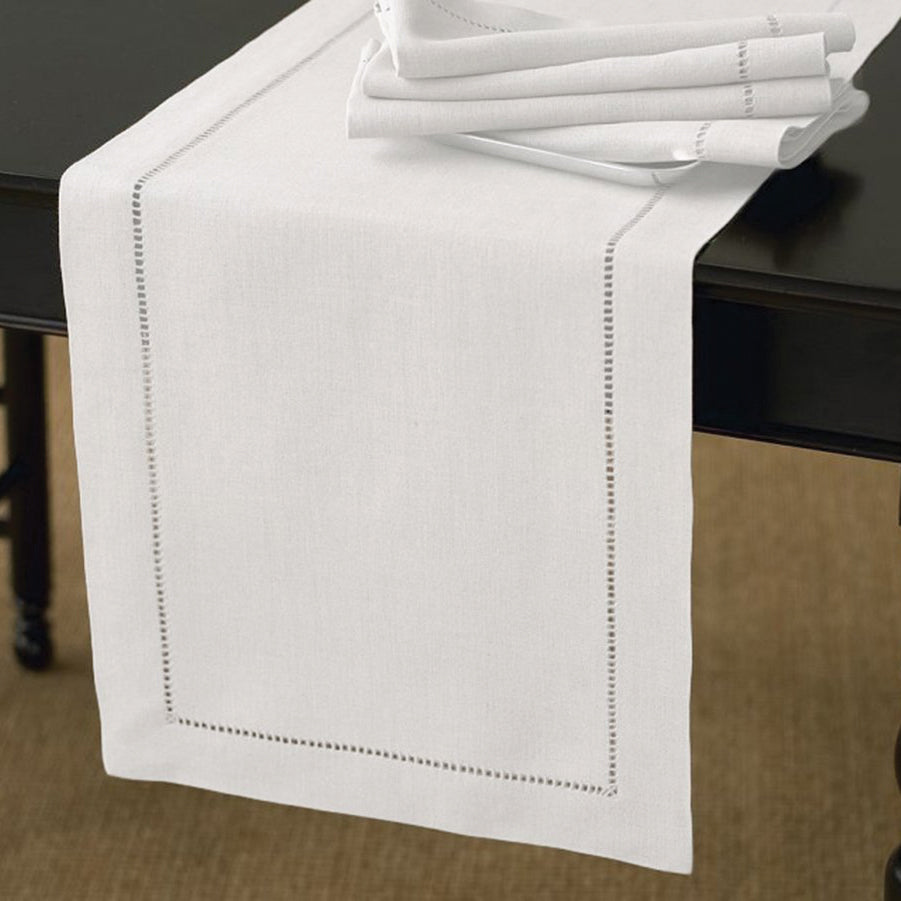 Elegant Hemstitch Table Runner - 180cm White Linen Table Decor for Weddings, Dining & Home Decor