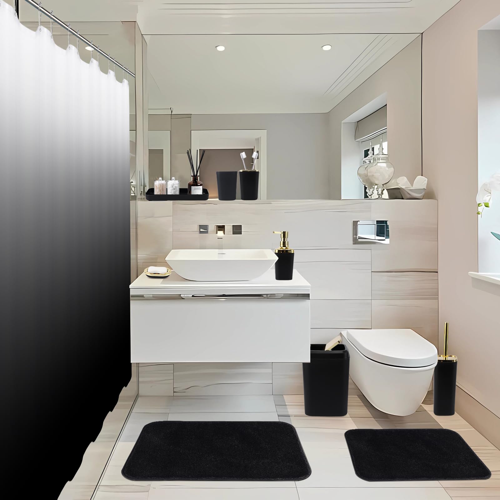 Premium 24-Piece Black Bathroom Accessories Set - Includes Shower Curtain with Hooks, Soap Dispenser, Soap Dish, Toilet Brush Holder & Trash Can - Complete Modern Bathroom Decor for Home, Apartment & Guest Bathrooms