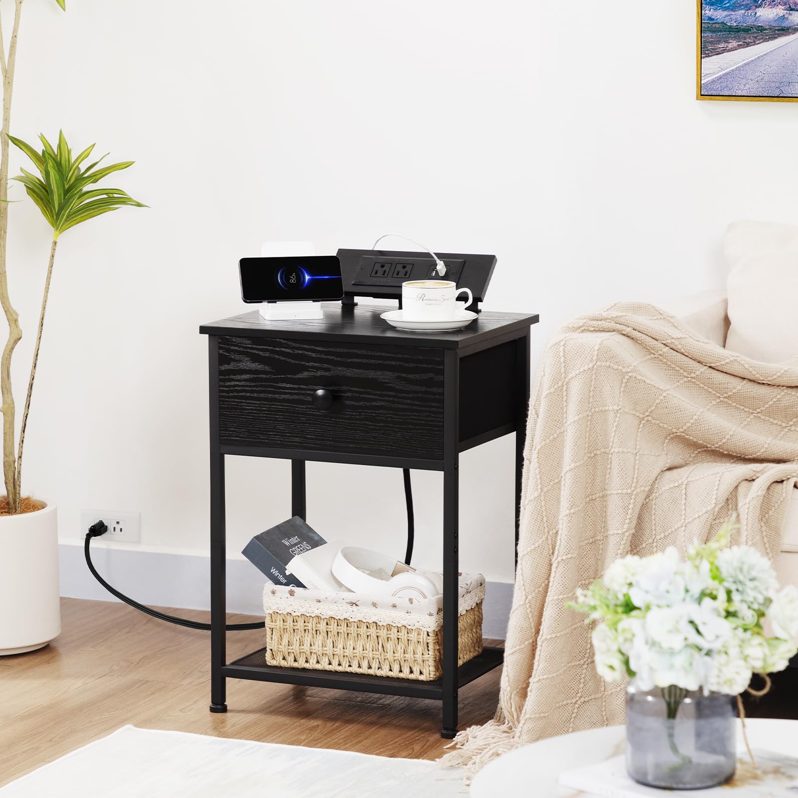 AMHANCIBLE Night Stand Set of 2 - Black Bedside Tables with Charging Station & Fabric Storage Drawer - Slim End Tables for Small Spaces - Perfect for Bedroom, Living Room & Dorm Use