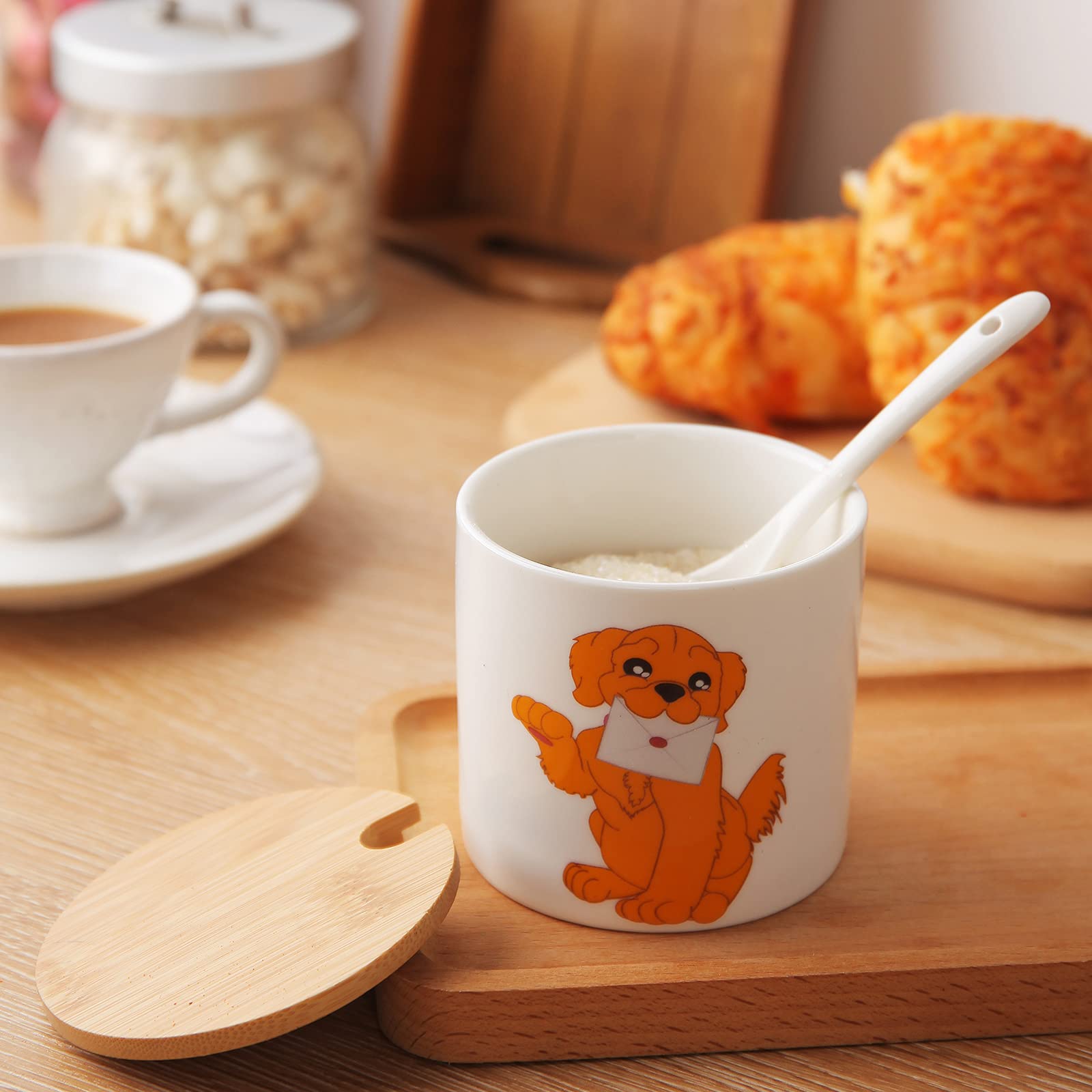 Ceramic Sugar Bowl with Wooden Lid & Stainless Steel Spoon - 9oz/266ml Dog Pattern Porcelain Sugar Container for Coffee, Tea & Baking | Perfect for Kitchen, Breakfast & Dog Lovers Gift | Home Decor & Coffee Bar Essential