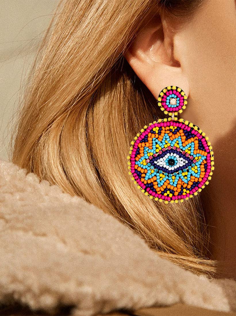 Handmade Bohemian Beaded Evil Eye Drop Earrings for Women - Multicolor Statement Dangle Earrings with Round Heart Design | Perfect for Boho Fashion, Festivals & Gift Giving
