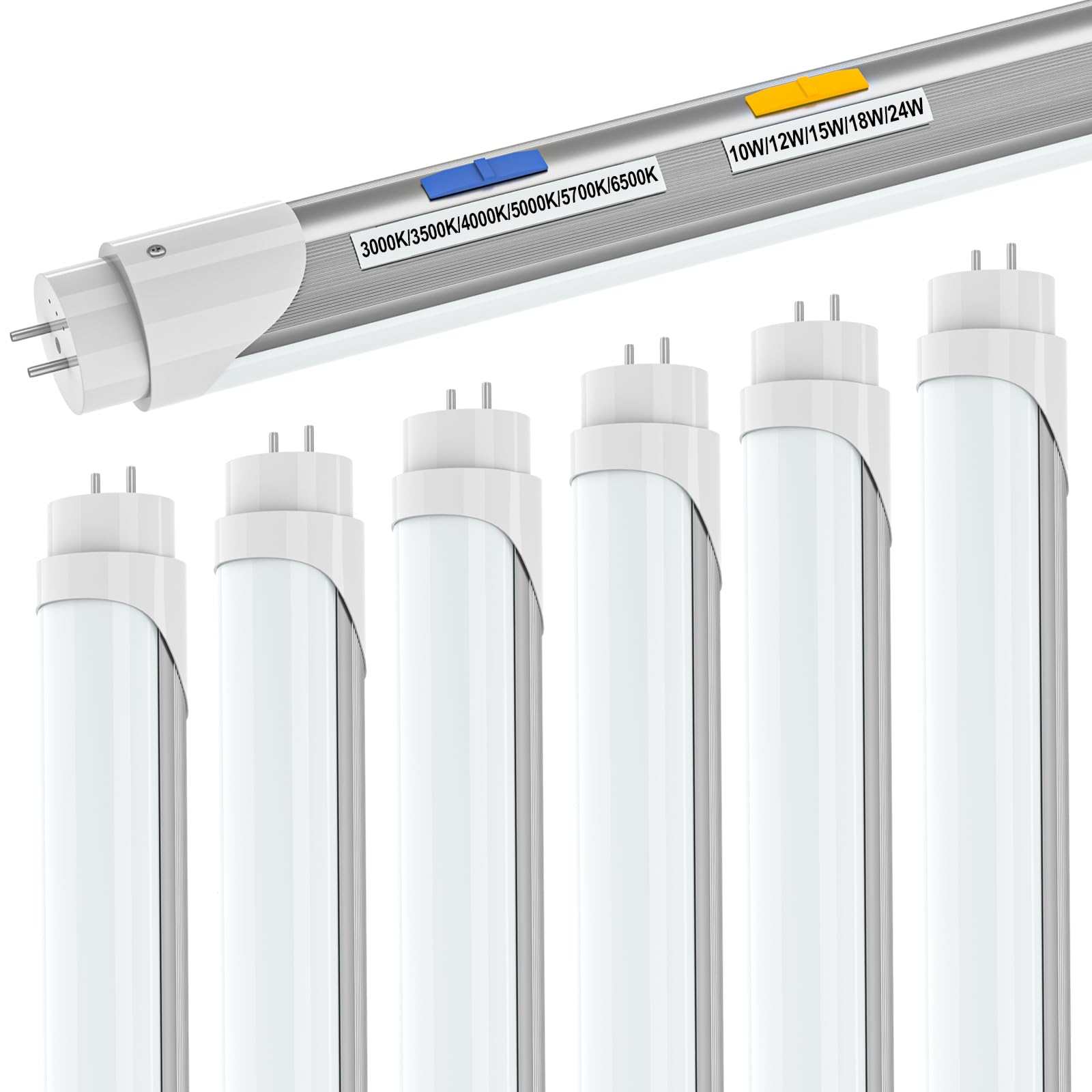T8 T12 LED Bulbs 4 Foot - 6CCT Adjustable (3000K-6500K) - 10W-24W Hybrid Type A+B - Plug & Play/Ballast Bypass - ETL DLC Certified - 6 Pack White - Energy Saving Fluorescent Tube Replacement for Garage, Warehouse & Office Lighting