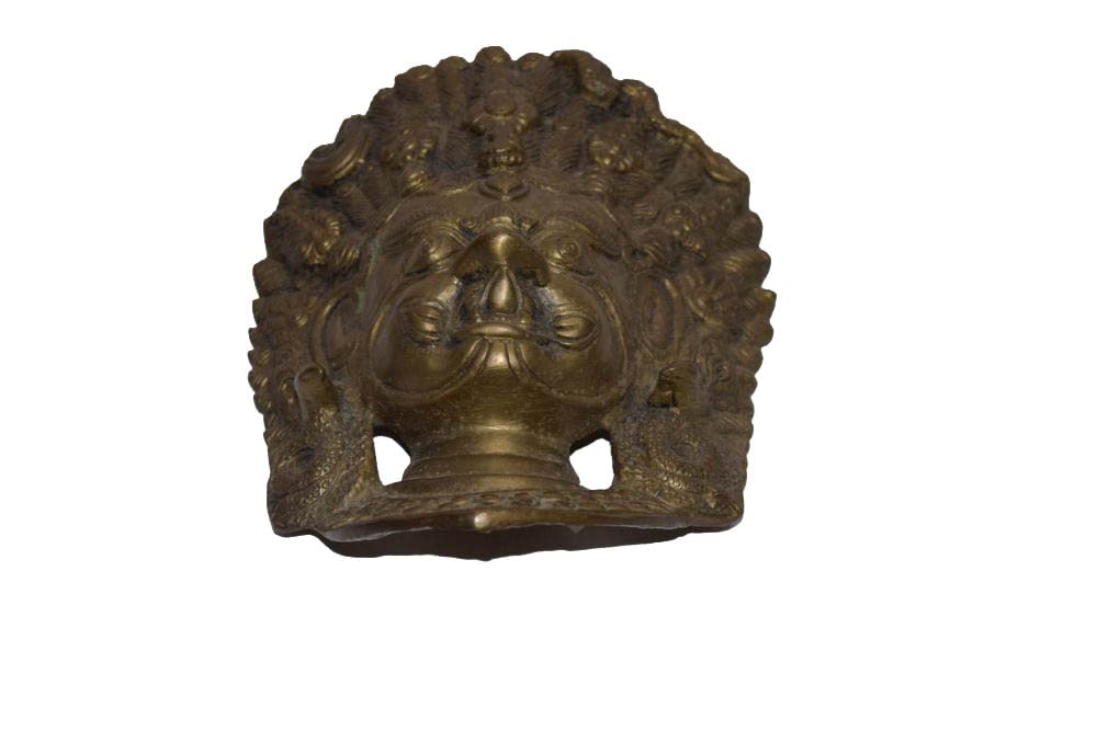 Antique Brass Bhairav Face Wall Hanging - Tibetan Buddhist Mahakal Wall Decor - Rare Collectible Room Protector Mask for Home & Office Spiritual Decor