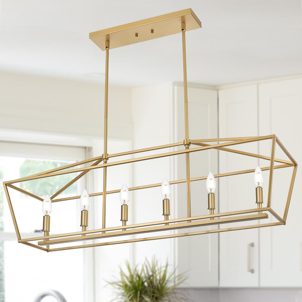 6-Light Gold Linear Chandelier - Modern Kitchen Island Lighting & Dining Room Pendant Light with Golden Finish - Perfect for Kitchen Counter, Dining Table, Living Room and Bedroom Decor