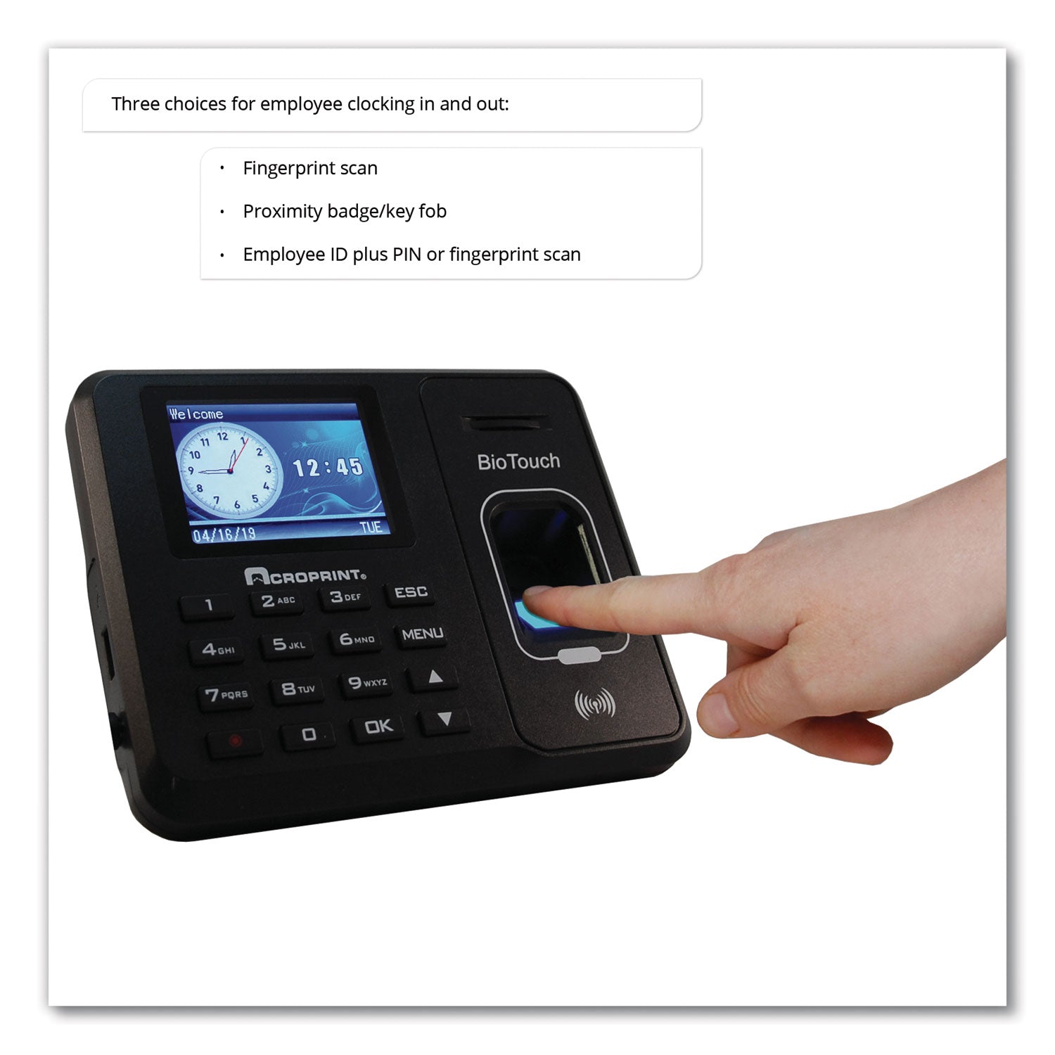 Acroprint® Biotouch Time Clock and Badges Bundle for 10,000 Employees - Black | Employee Time Tracking System for Offices, Factories, and Retail Stores