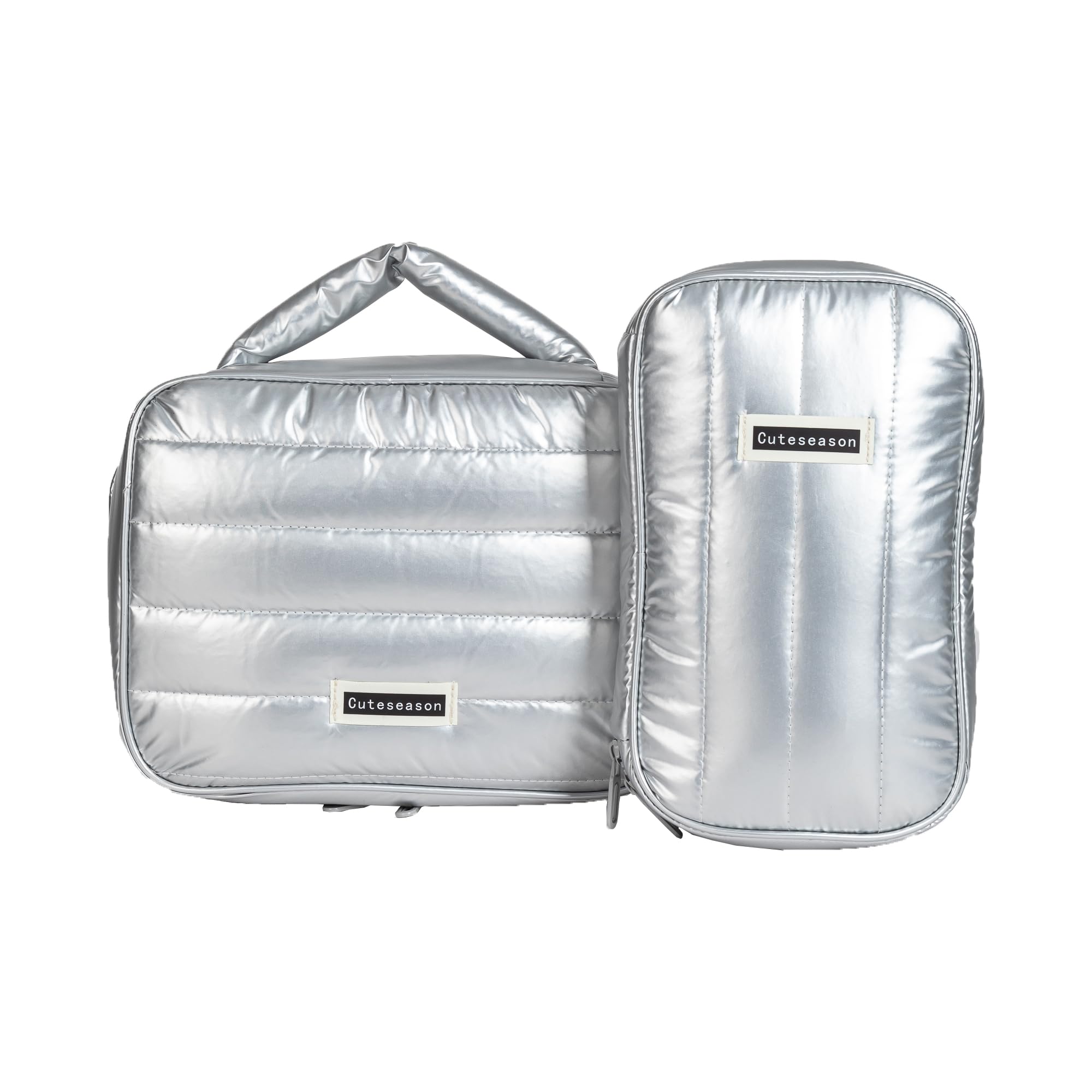 Shiny Puffy Makeup Bag Large Capacity - Waterproof Travel Toiletry Organizer for Cosmetics & Digital Accessories (Silver, L & M) | Perfect for Travel, Gym, and Daily Storage