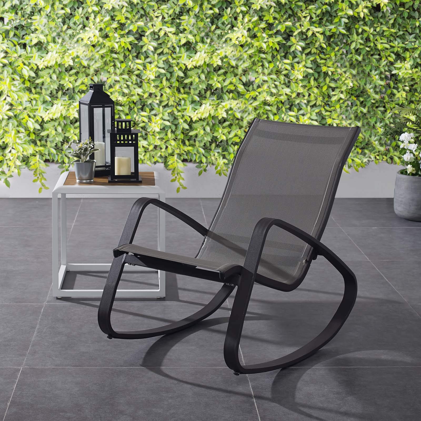 Modway Traveler Outdoor Patio Aluminum Mesh Rocking Chair - Black Sling Glider for Lawn, Garden & Poolside Relaxation