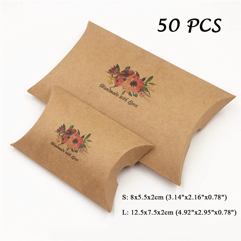 AKOAK 50 Pcs Kraft Paper Wedding Favor Boxes - Creative Pillow Candy Gift Boxes for Jewelry, 8x5.5x2cm - Perfect for Wedding Favors, Birthday Party Gifts, Christmas Presents & Special Occasions