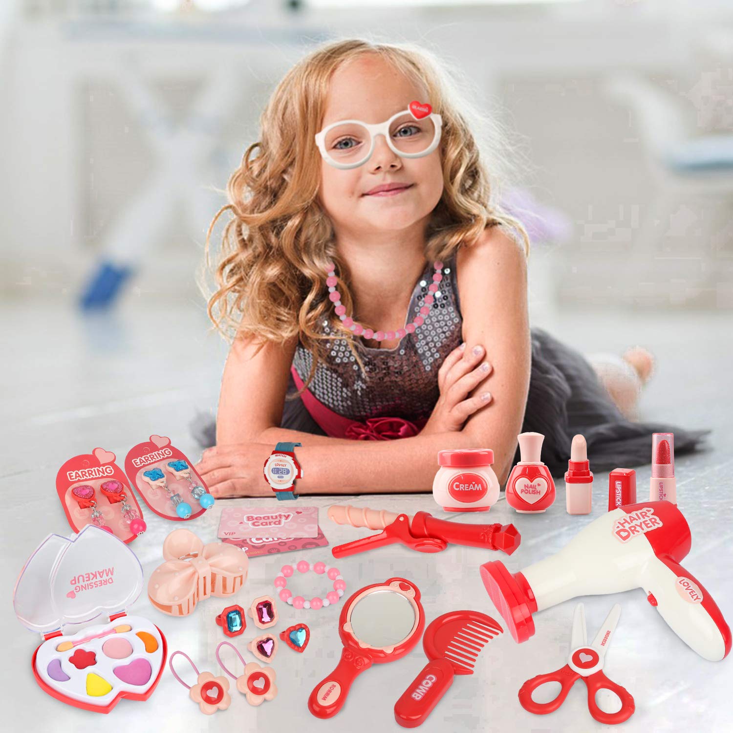 Sanlebi 28-Piece Pretend Makeup & Jewelry Set for Kids - Girls Pretend Play Cosmetic & Hair Salon Toy for 3+ Years Old - Perfect for Birthday Gifts & Role Play Activities