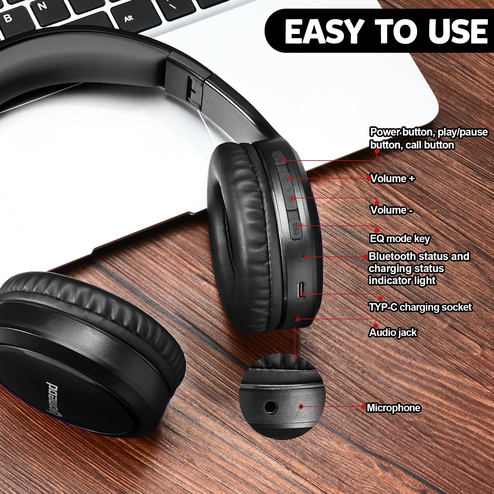 Wireless Bluetooth Over Ear Headphones with 70H Playtime, 3 EQ Modes & Built-in Mic - HiFi Stereo Sound, Deep Bass, Foldable & Lightweight Design for Home, Office, Travel, Gaming & Phone Calls