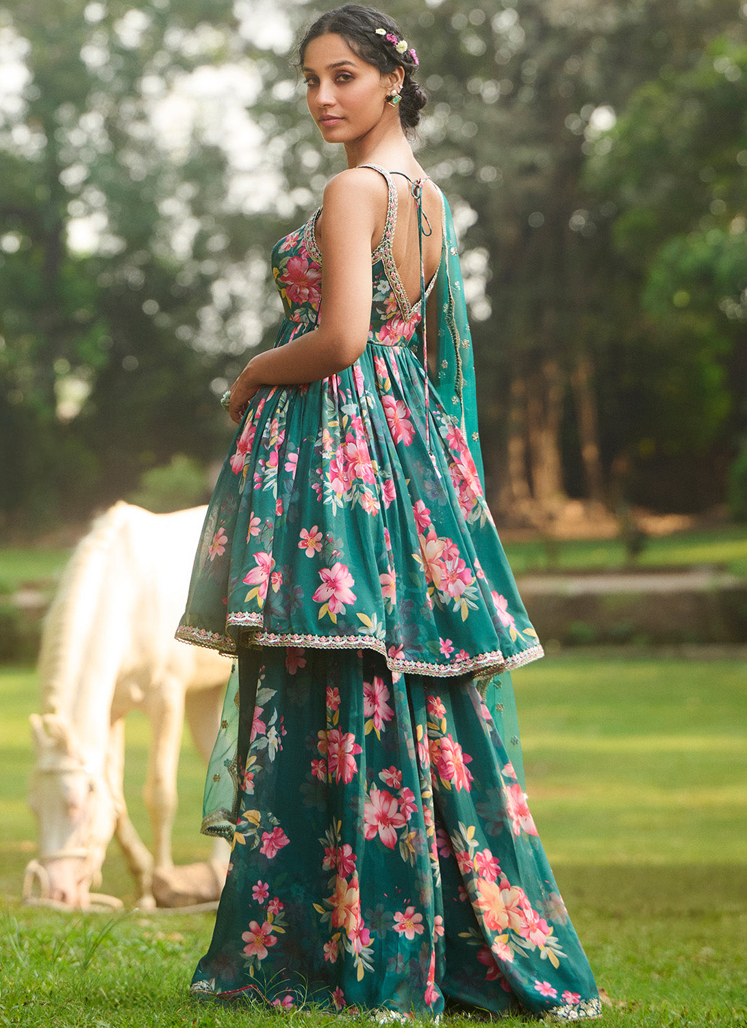 Elegant Green Multicolor Floral Printed Sharara Suit for Women - Perfect for Weddings, Parties & Festive Occasions