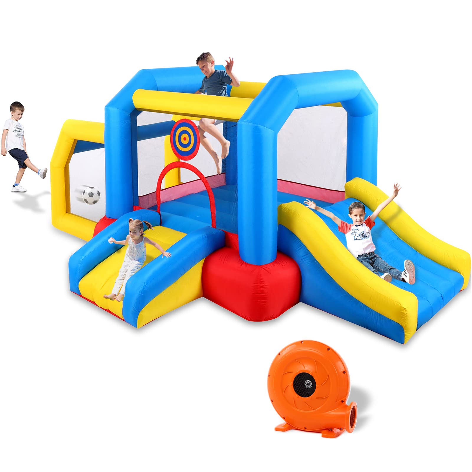 Stoog Inflatable Bounce House for Kids Ages 3-10 | 158”x110” Bouncy Castle with 2 Slides, Soccer Goal & Large Jumping Area | Indoor & Outdoor Use | Includes Blower | Perfect for Birthday Parties, Backyard Fun & Family Gatherings