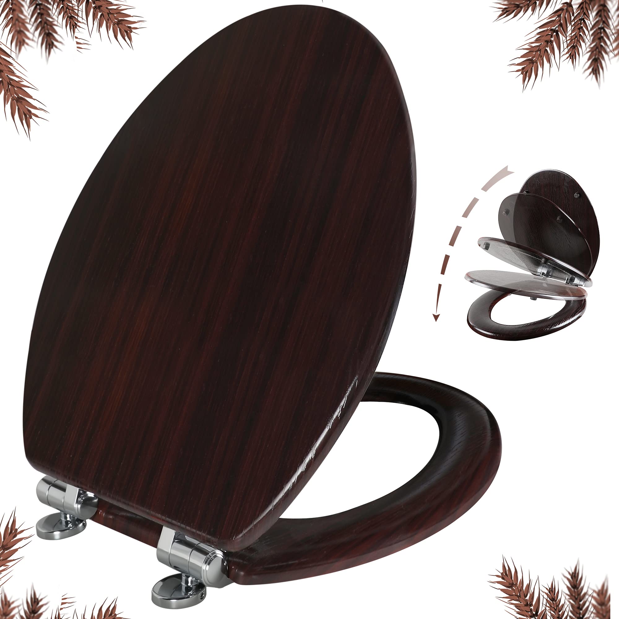 Premium Elongated Toilet Seat - Molded Wood with Soft-Close Hinges & Quick Release, Easy Installation & Cleaning (Dark Brown) - Perfect for Modern Bathrooms & Home Renovations