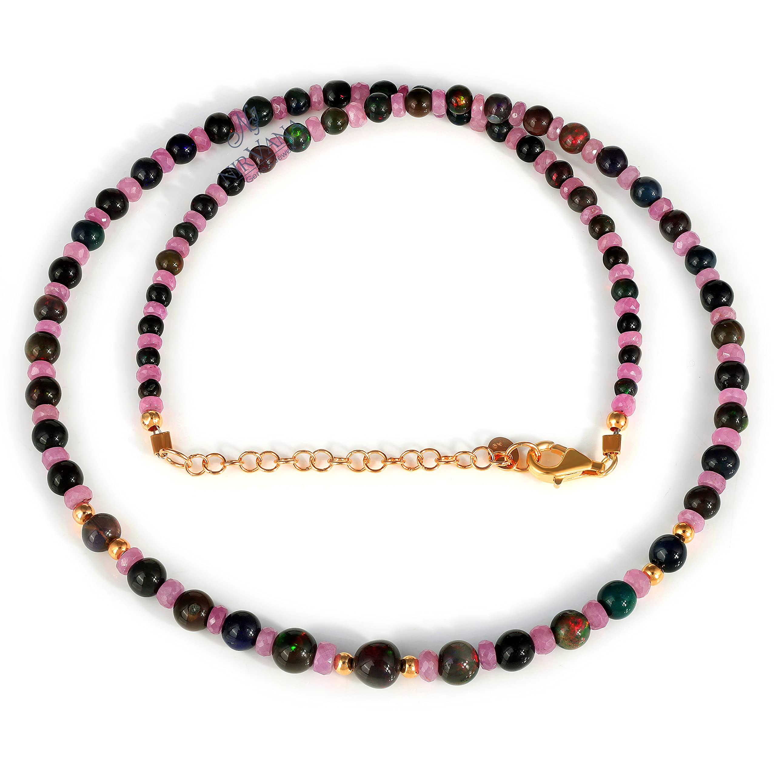 Opal and Black Sapphire Handmade Necklace for Women - 925 Sterling Silver Dainty Bead Jewelry - 50cm Adjustable Length - Perfect for Weddings, Parties & Everyday Elegance