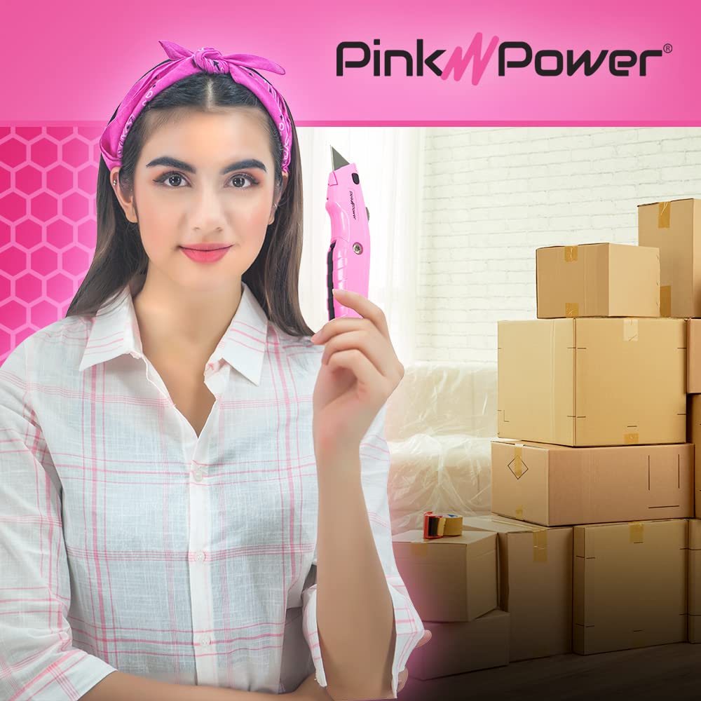 **Pink Retractable Utility Knife - Heavy Duty Box Cutter with 3 Blades & Storage Compartment - Carpet, Packaging & DIY Tool - Perfect for Women, Crafting & Home Use**