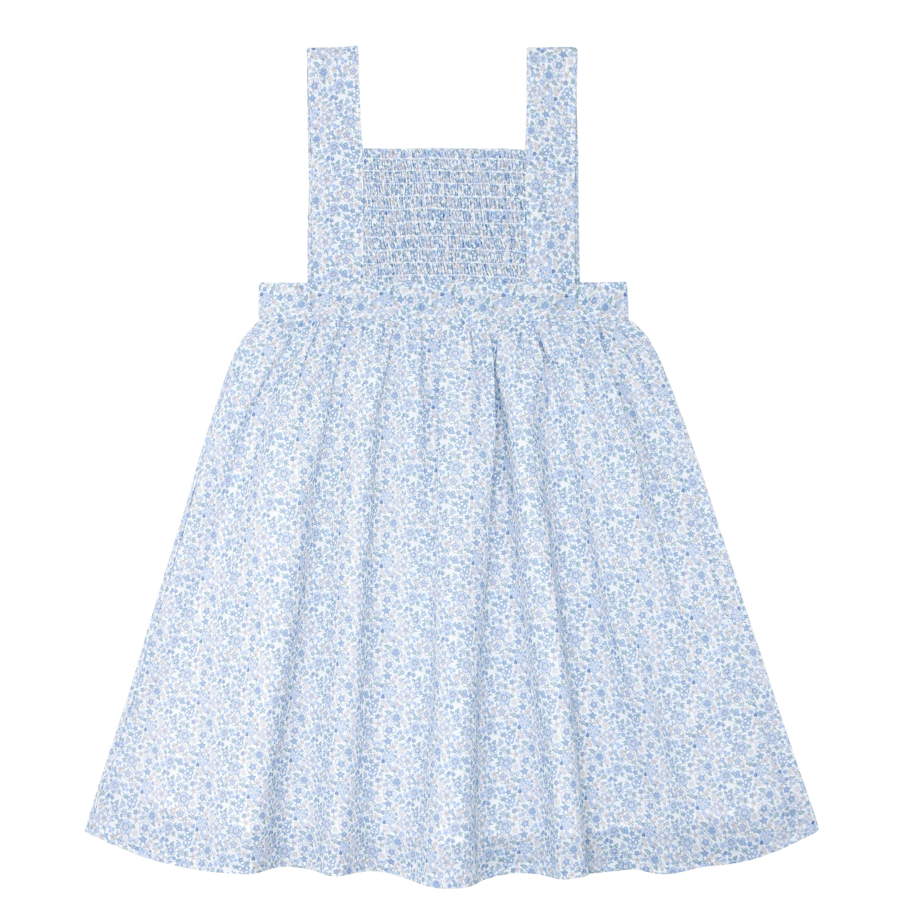 Girls Slate Floral Smocked Bib Dress - Elegant & Comfortable Outfit for Parties, Photos & Special Occasions