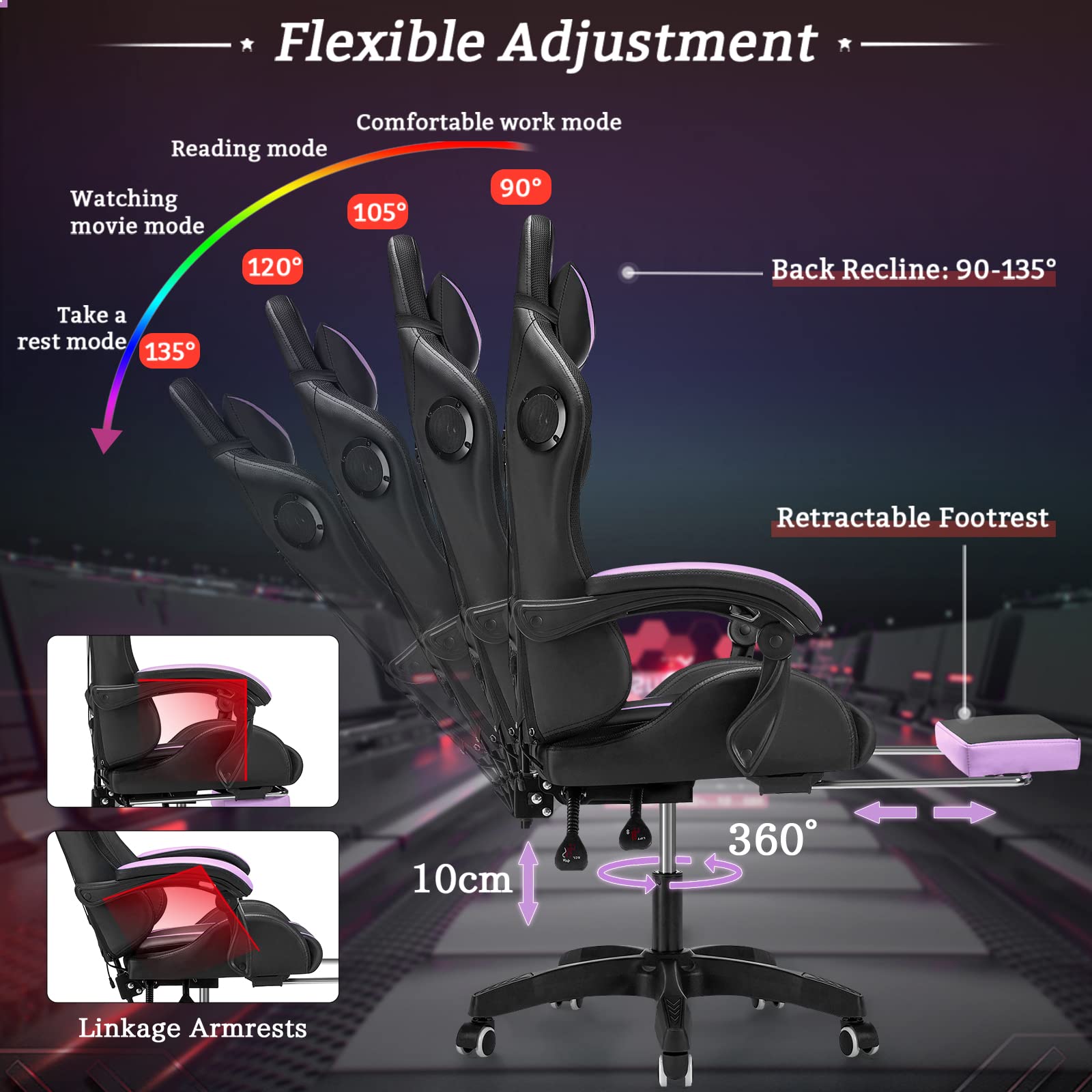 Ergonomic Massage Gaming Chair with Bluetooth Speakers & RGB LED Lights - High Back Computer Chair with Lumbar Support, Footrest - Purple & Black for PC Gaming, Home Office & Entertainment