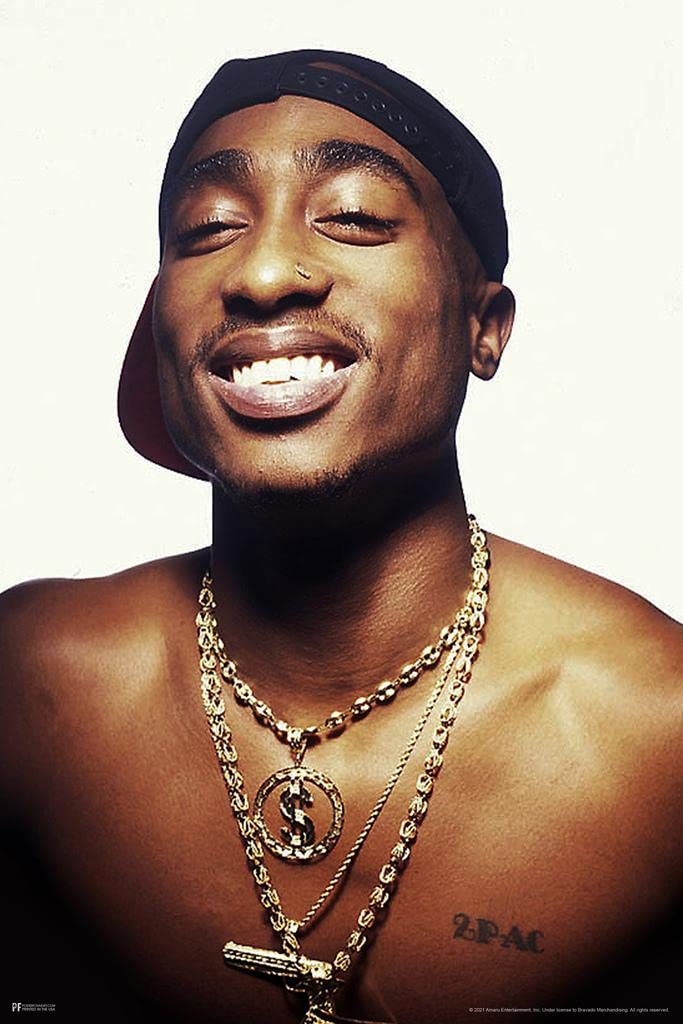 Tupac 2Pac Poster - Smiling with Gold Chain 90s Hip Hop Wall Art - Vintage Rap Music Decor for Bedroom, Living Room & Office - Stretched Canvas Print 16x24 - Perfect Gift for Hip Hop Fans & Music Lovers