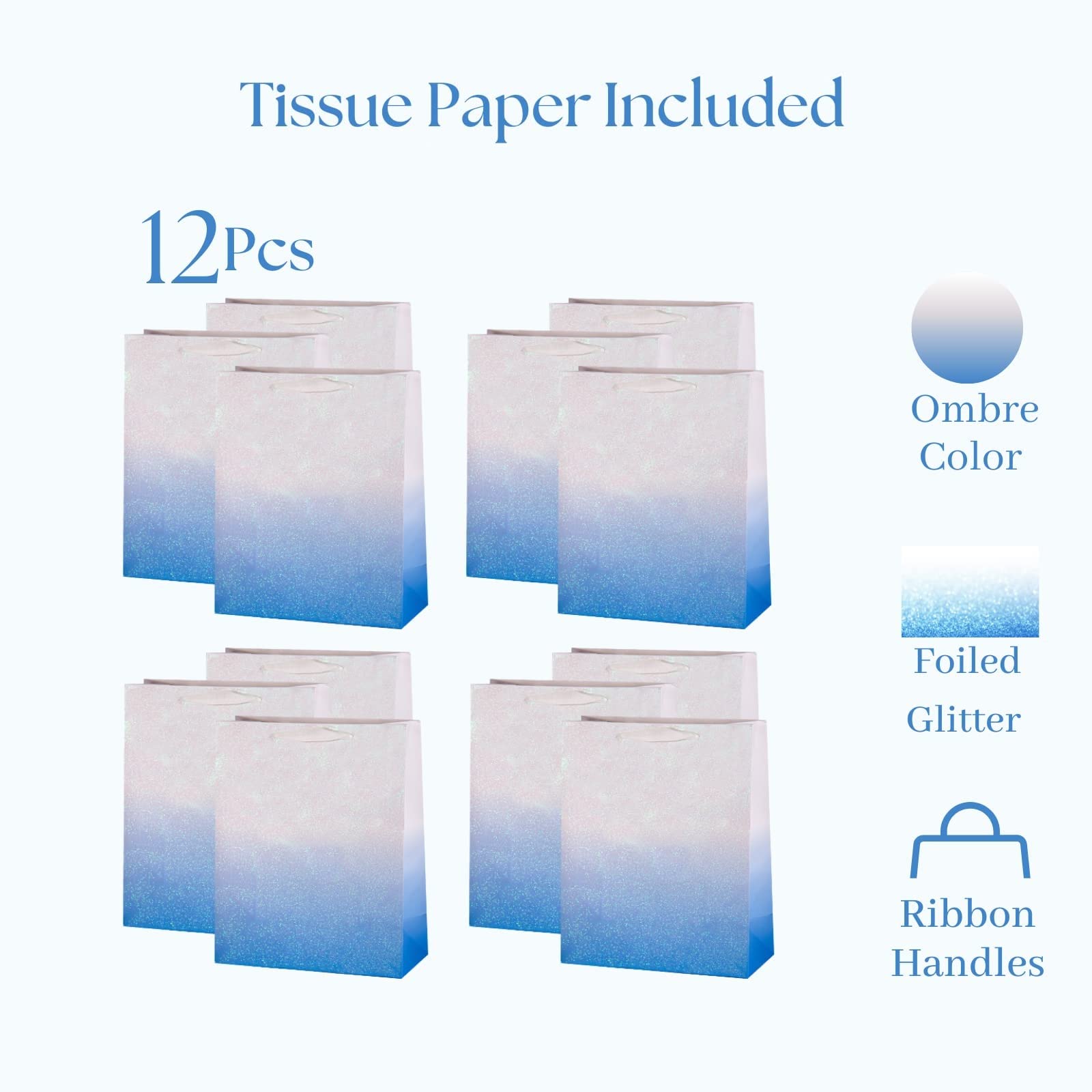 12Pcs Blue Glitter Ombre Gift Bags Bulk - 100% Recyclable Wrapping Paper Bags for Wedding, Baby Shower, Birthday Party Favors - Medium 9x7x4 inch - Perfect for Easter, Mother's Day & Thank You Gifts