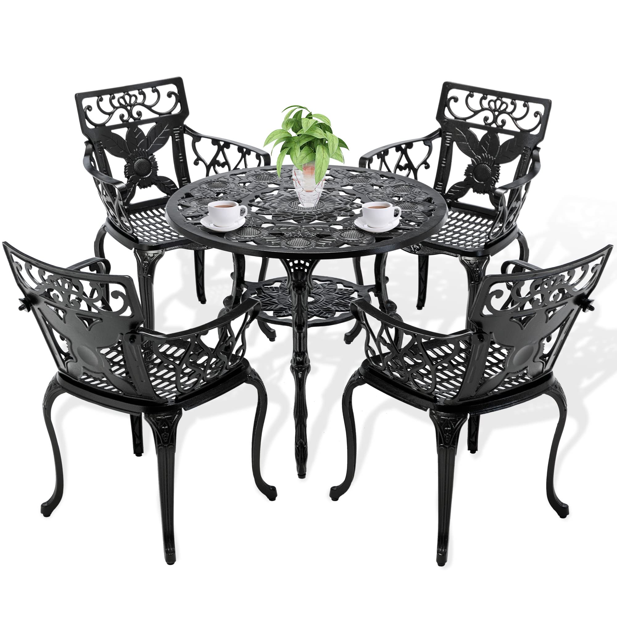Vintage Cast Aluminum Outdoor Dining Set for 4 - All-Weather Patio Furniture with Umbrella Hole & Adjustable Feet - Perfect for Balcony, Backyard, Deck or Garden - Bright Black Retro Dining Table & Chairs