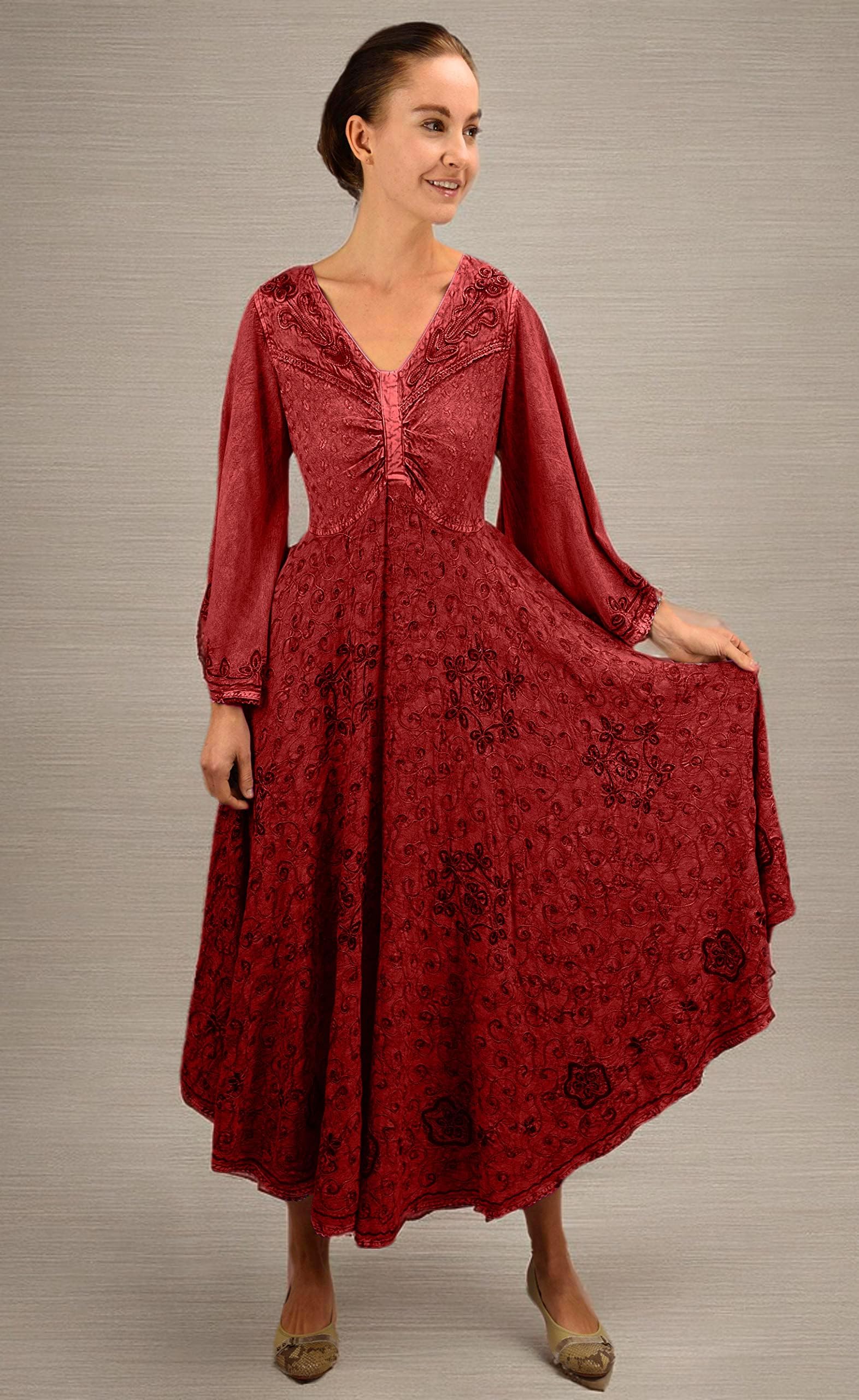 Agan Traders Women's 2025 Spring Bohemian Medieval Renaissance Embroidered Bell Sleeve Flared Calf-Length Dress Gown - Perfect for Renaissance Fairs, Medieval Themed Parties & Boho Chic Fashion