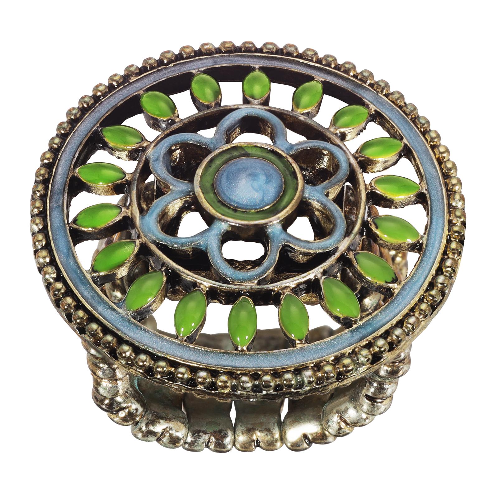 Vintage 1928 Blue & Green Enamel Floral Stretch Ring - Adjustable Costume Jewelry for Women, Perfect for Parties, Weddings & Everyday Wear