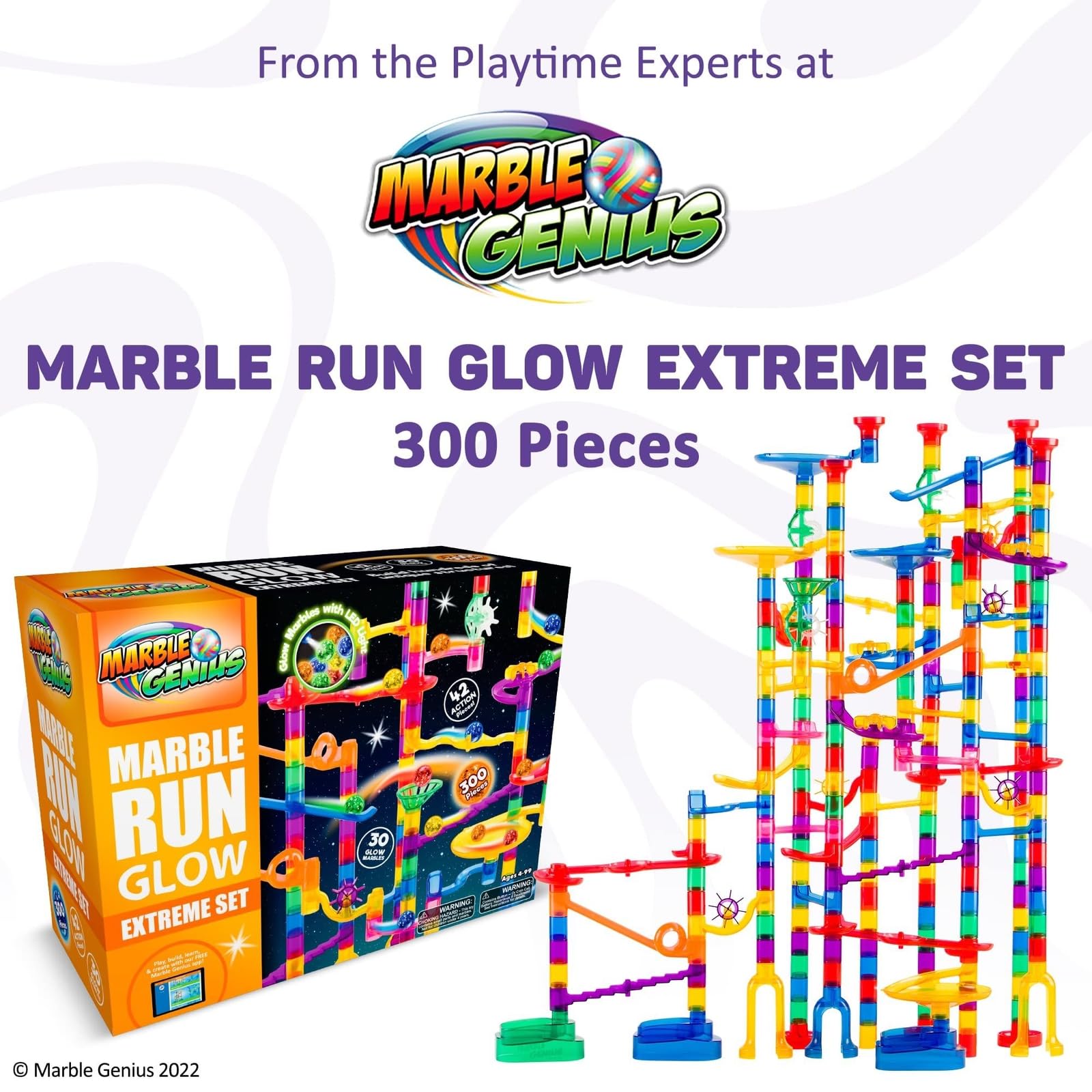 Marble Genius 300-Piece Glow in The Dark Marble Run Track Race Extreme Set - STEM Educational Building Toy for Kids Ages 4+ with Color Instruction Manual | Perfect for Easter Gifts, Birthday Presents & Indoor STEM Learning Activities