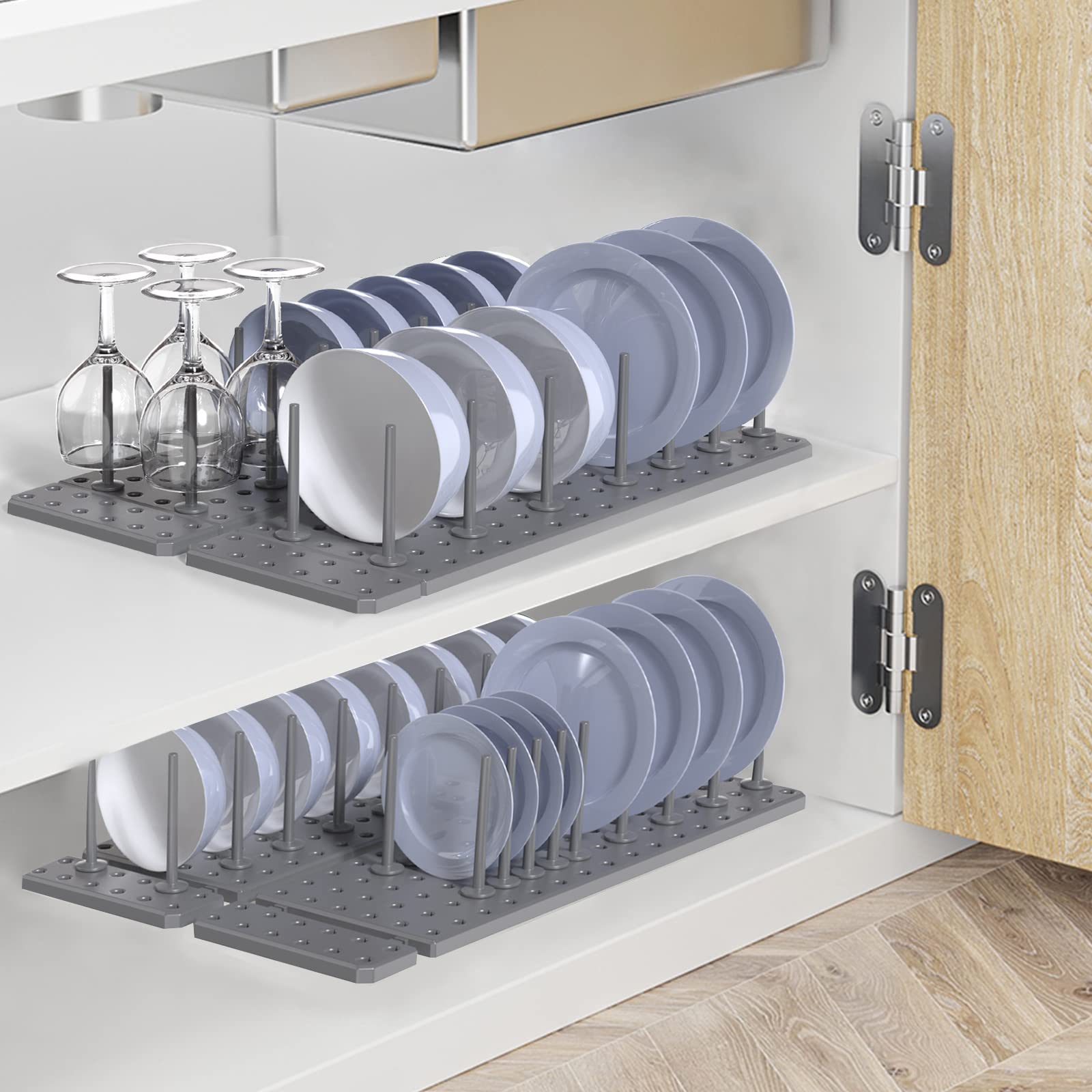 2-Pack Grey Kitchen Cabinet Organizer - Adjustable Pegboard Tray for Dish Rack & Plate Storage | Space-Saving Drawer Organizer for Utensils, Spices & Kitchenware | Perfect for Small Kitchens & Apartment Living