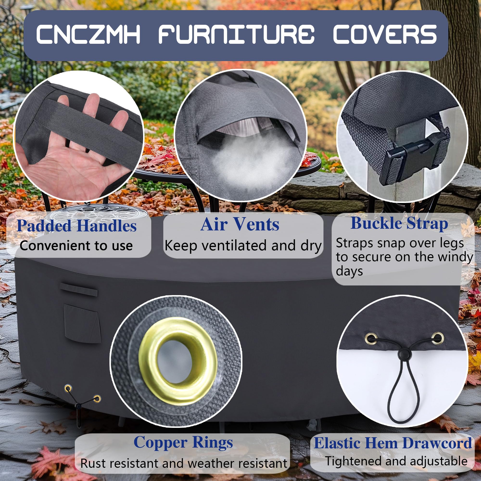 Waterproof 600D Heavy Duty Round Patio Furniture Covers - Outdoor Dining Table and Chairs Set Protector (Grey, 70 x 23in) - Perfect for Backyard, Garden & All-Weather Protection