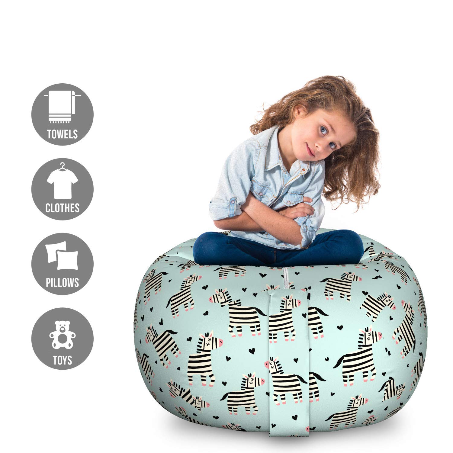 Ambesonne Zebra Print Storage Toy Bag Chair - Large Washable Stuffed Animal Organizer with Savannah Animal & Hearts Pattern in Seafoam Pale Yellow | Kids Room Decor, Playroom Storage, Nursery Organization