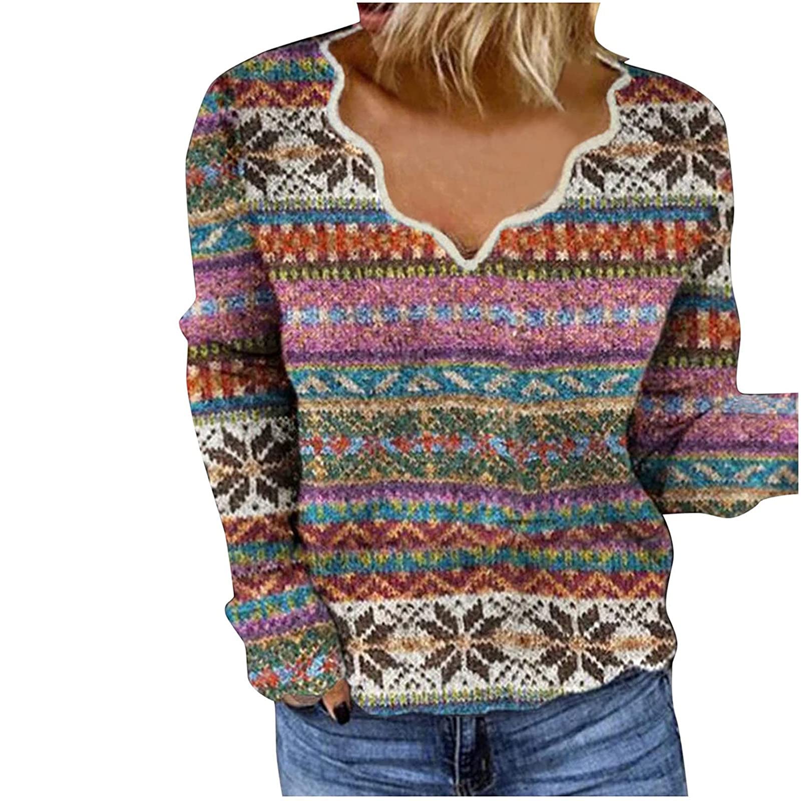 Women's Long Sleeve Floral Print T-Shirts - Scalloped Collar Retro Boho Blouse for Casual Wear, Office & Date Night Outfits